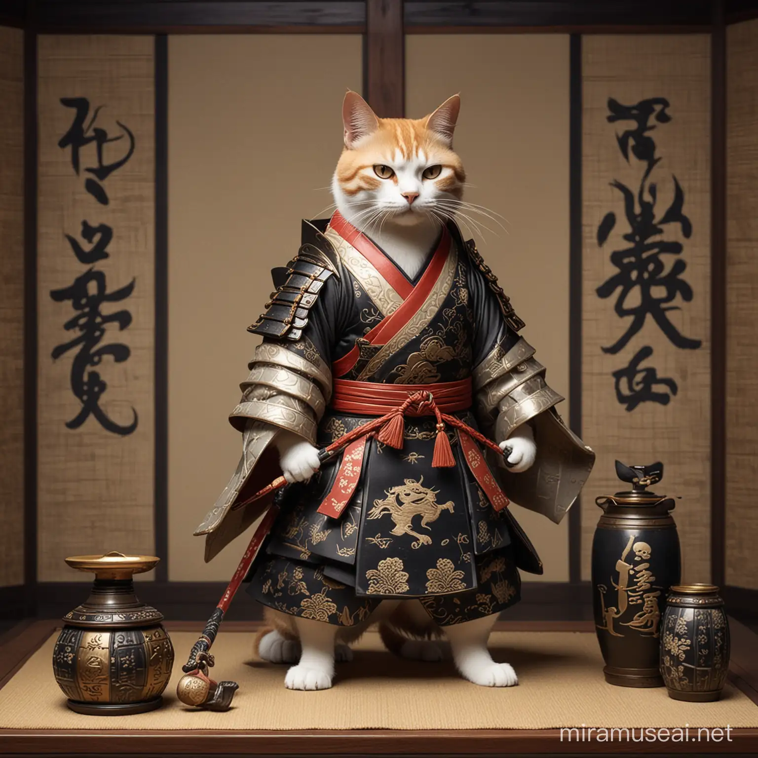 Stylized Samurai Cat in a Medieval Japanese Room