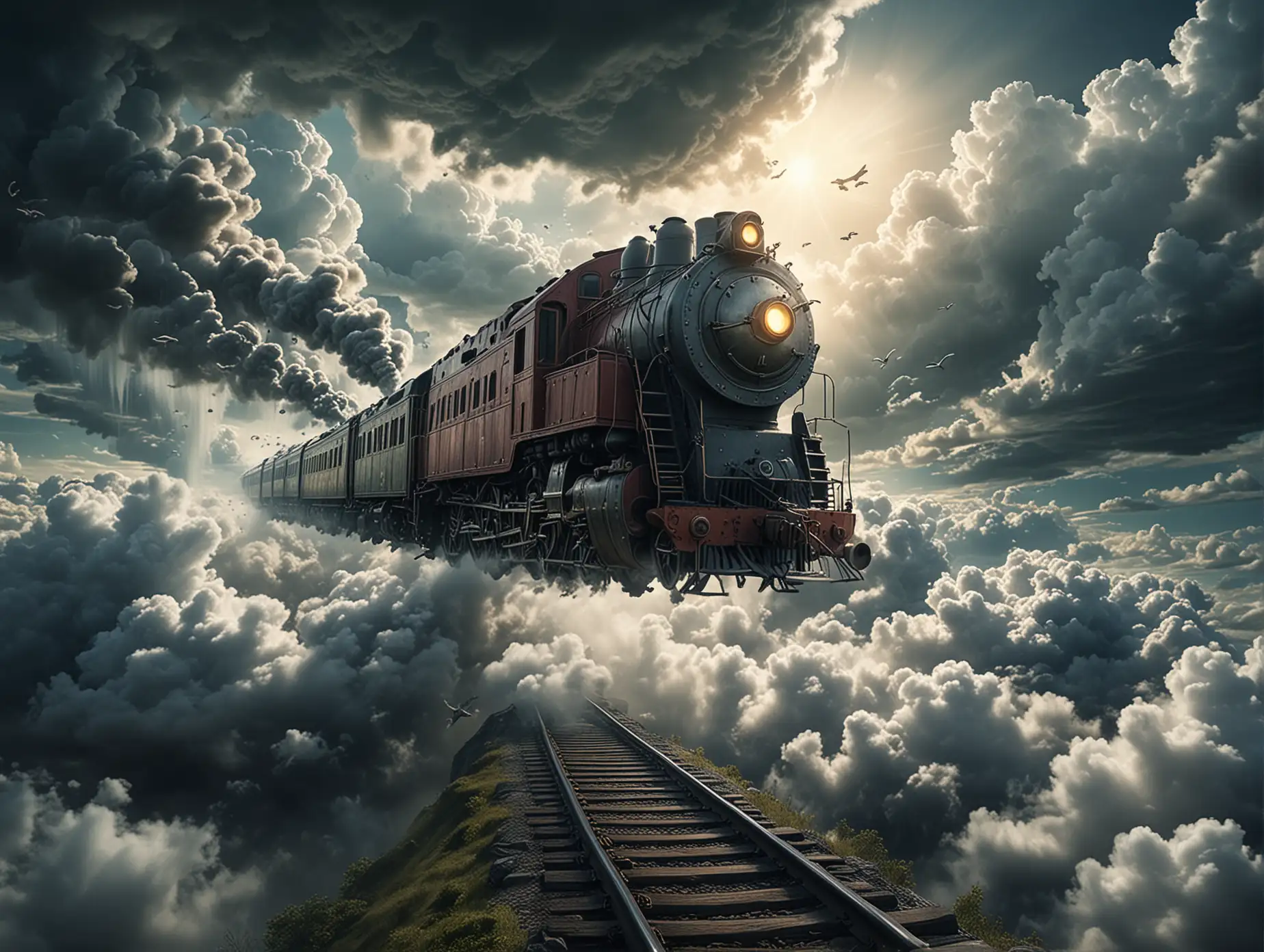 transition to a scene where the train magically transforms into a fantastical flying machine, soaring through the clouds and into uncharted territories, symbolizing the boundless possibilities of imagination