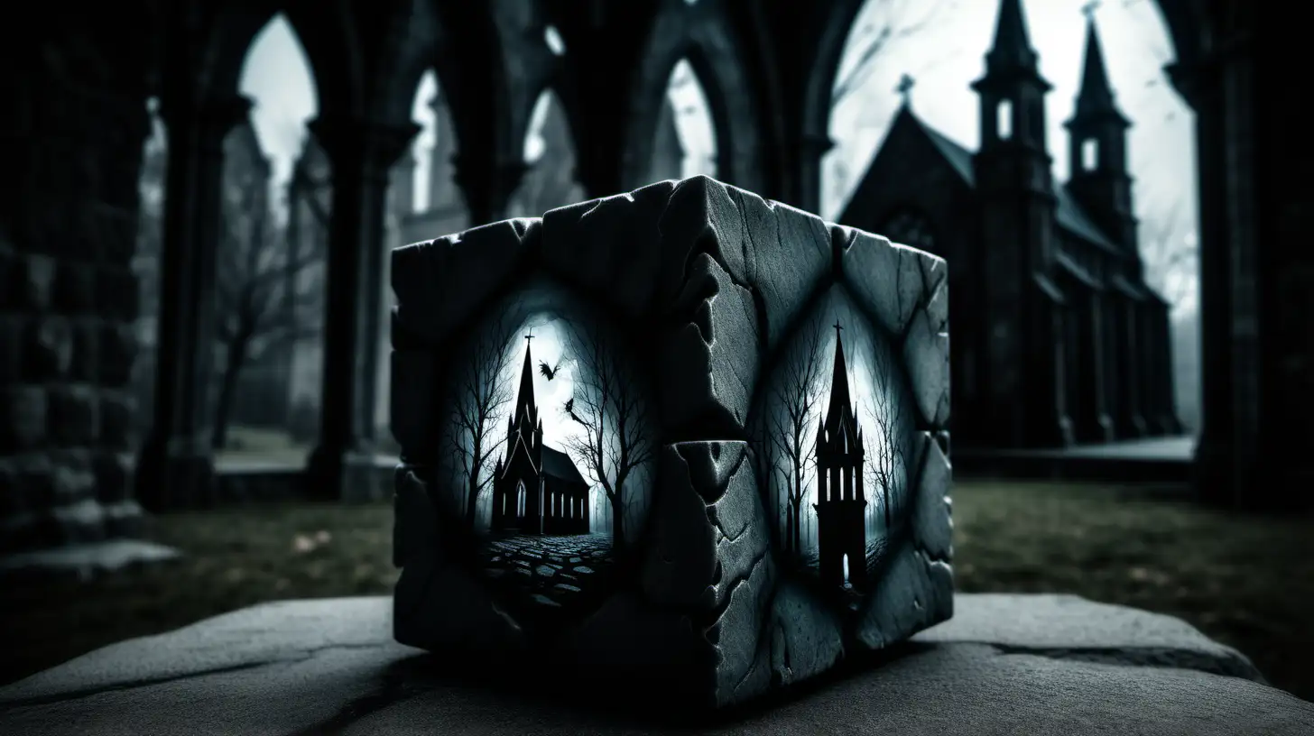 Dark Fantasy horror cube stone, infusing with a dark, atmospheric mood. In the background the outline of the church.