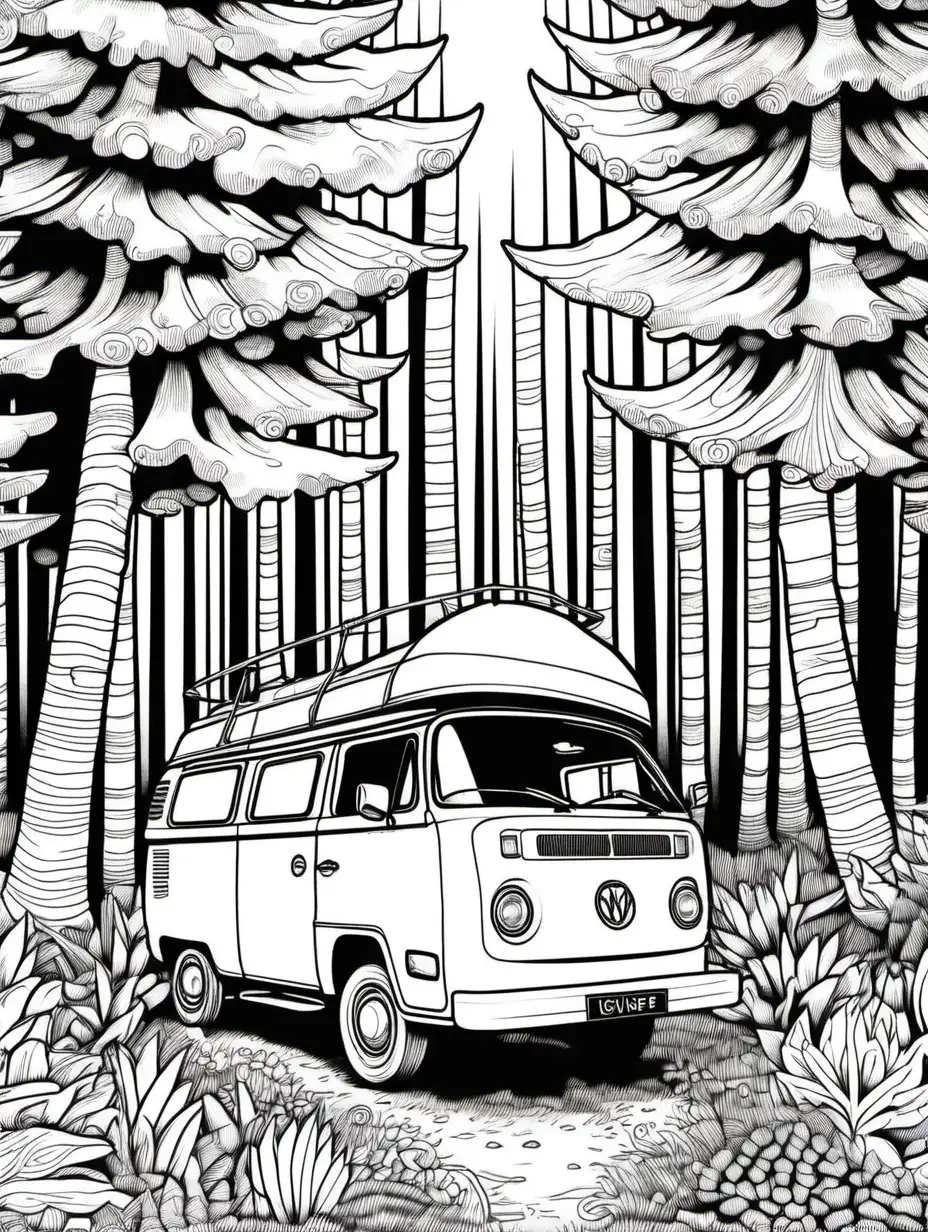 CAMPERVAN IN FOREST FOR COLOURING BOOK
