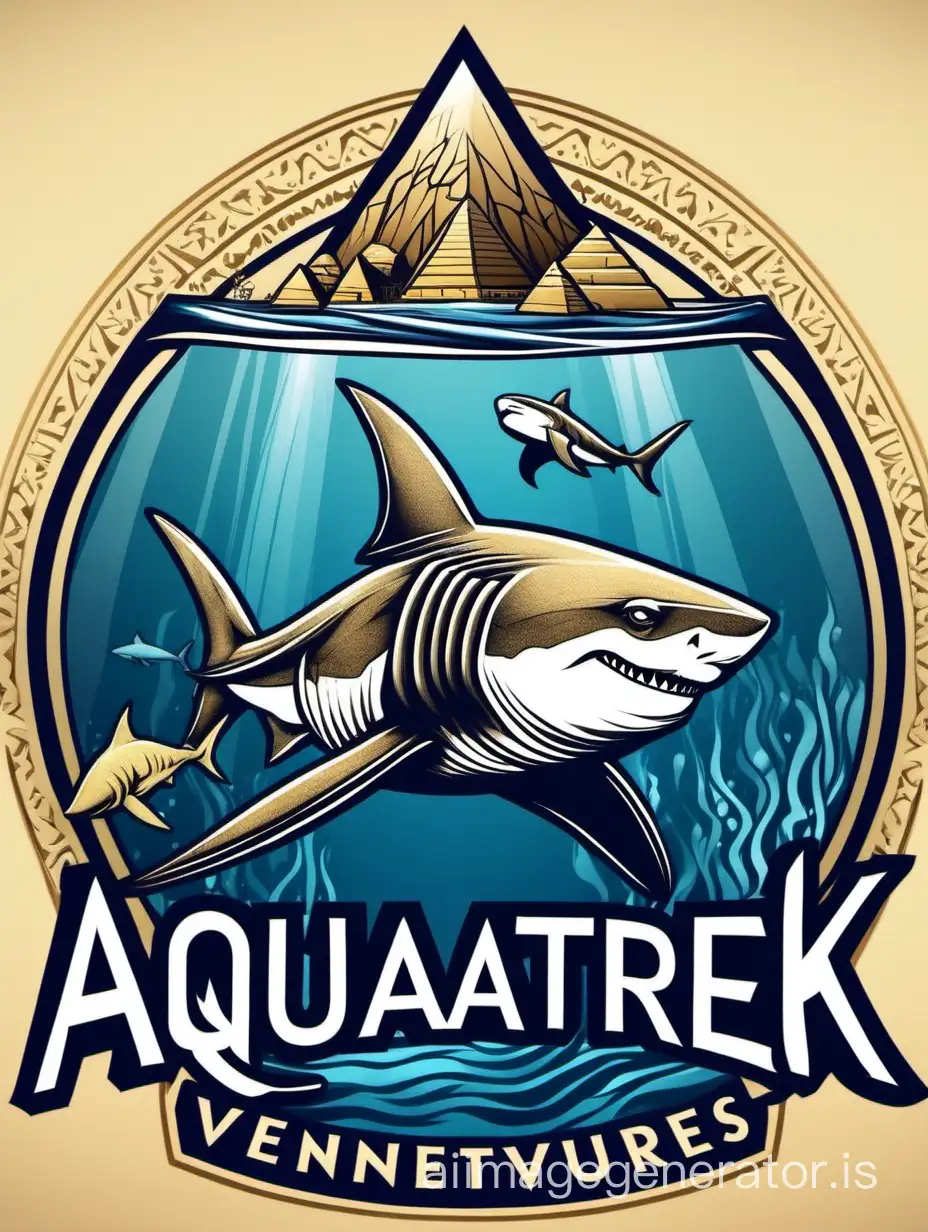 Logo for Diving company called AquaTrek Ventures with shark camel pyramids divers wearing arabic scarf and smoke and blue hole