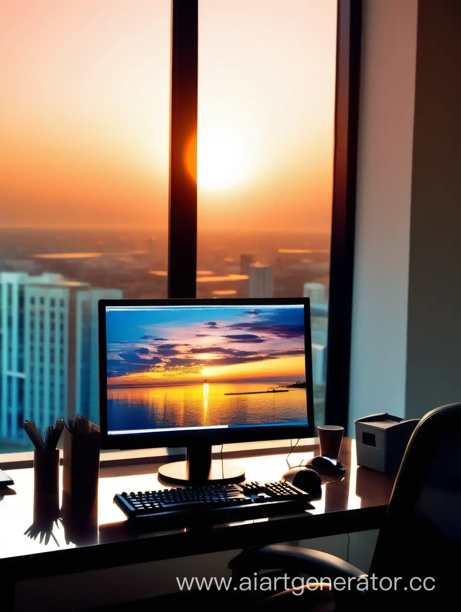 Красивый компьютер в офисе при закате
