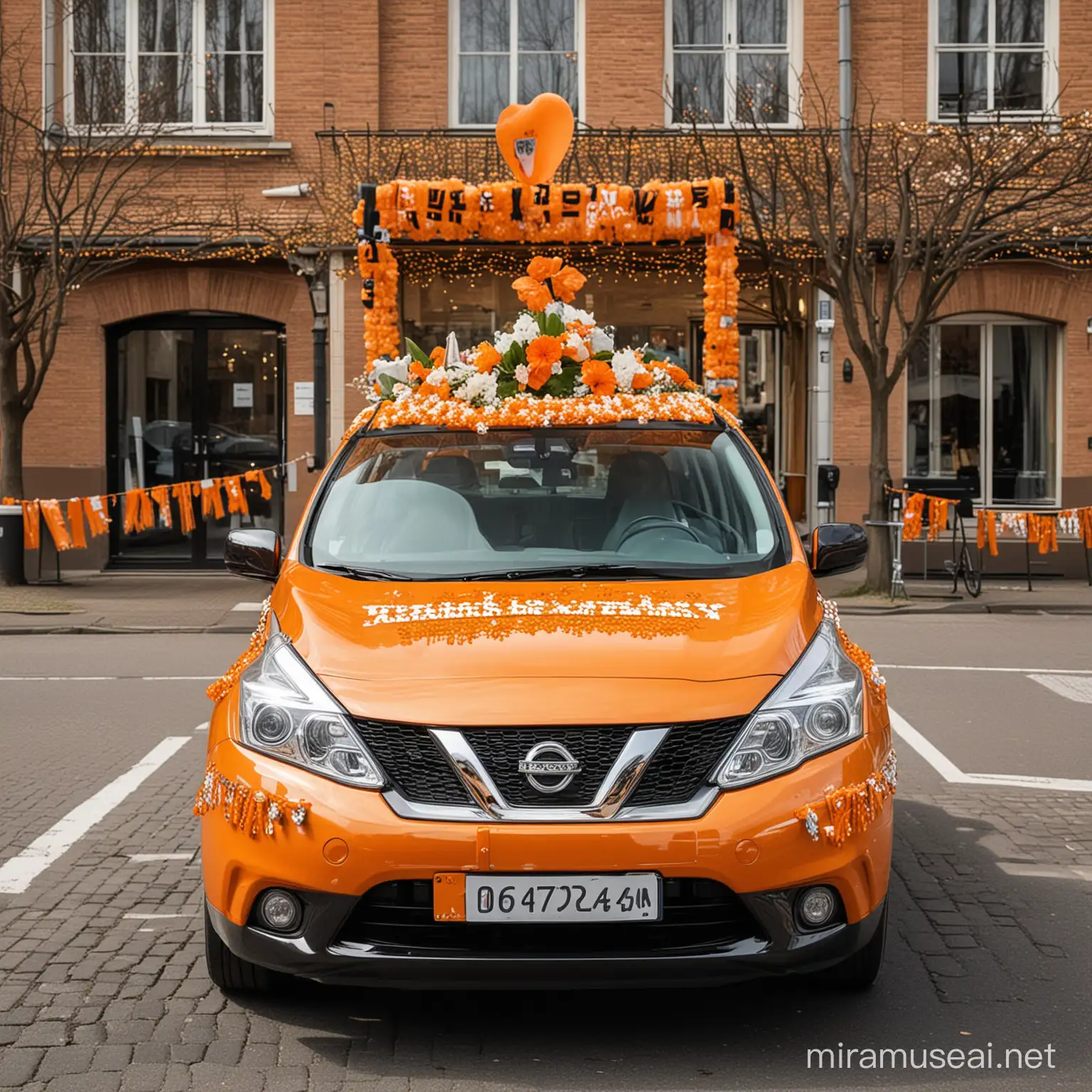Nissan auto met Koningsdagversiering zonder mensen