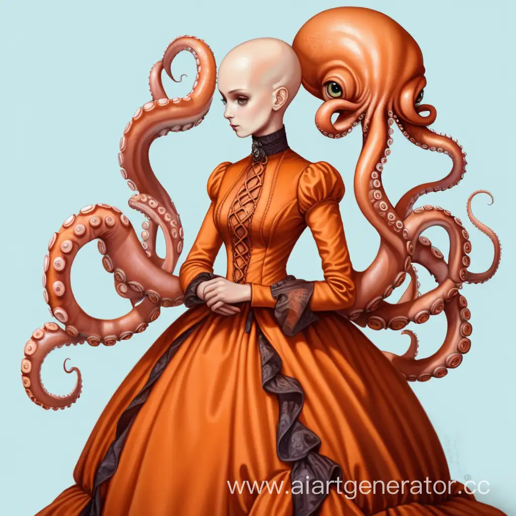 Лысая девушка с головой осьминога  в викторианском оранжевом платье. Подол платья из щупалец осьминога