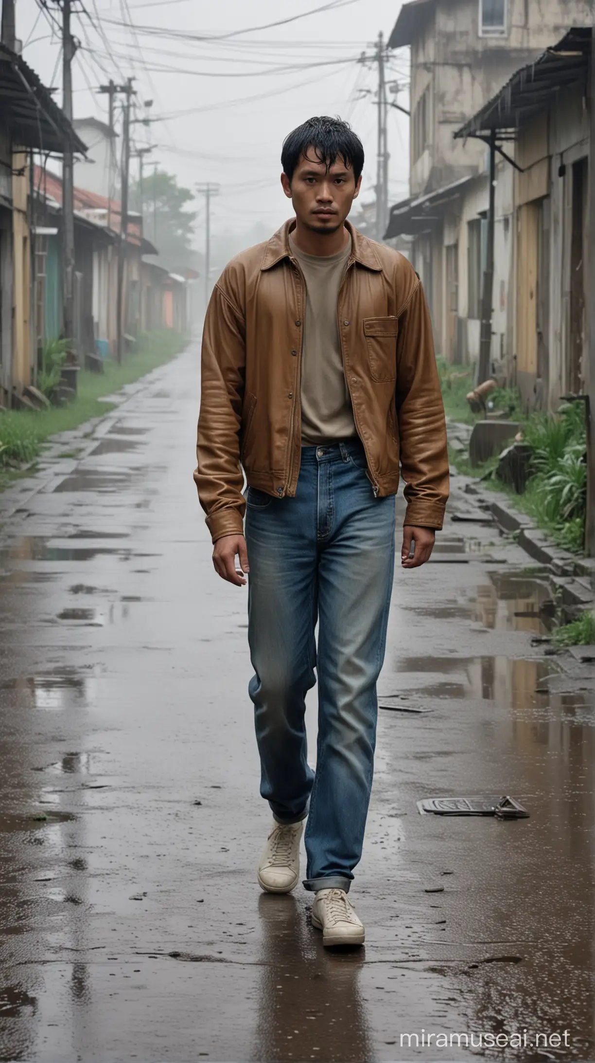 Mysterious Rainy Street Stroll of Indonesian Man in Brown Attire