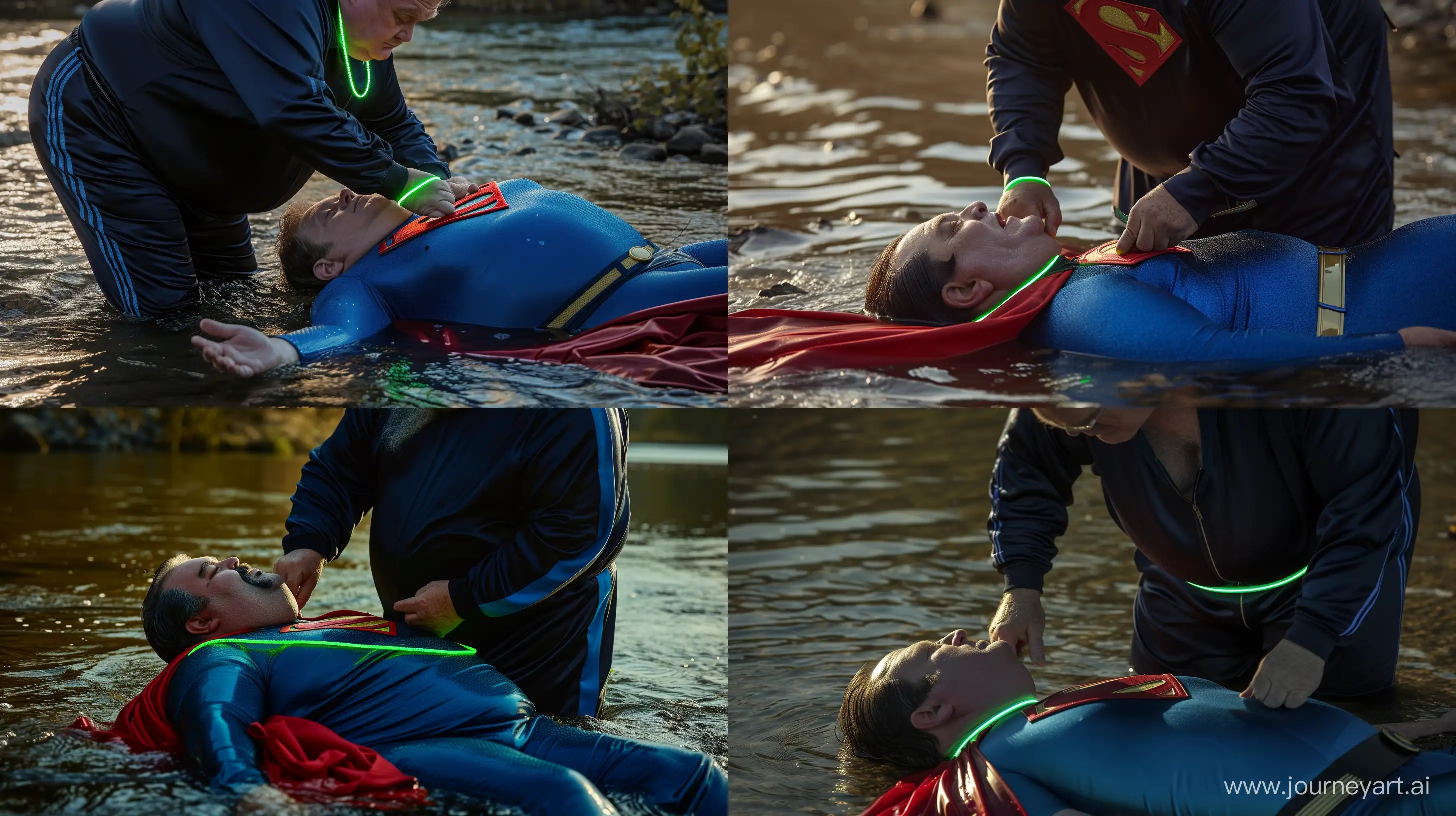 Close-up photo of a fat man aged 60 wearing a navy silk black tracksuit with a blue stripe on the pants. He is tightening a tight green glowing neon dog collar on the neck of a fat man aged 60 wearing a tight blue 1978 smooth superman costume with a red cape lying in the water. Natural Light. River. --style raw --ar 16:9