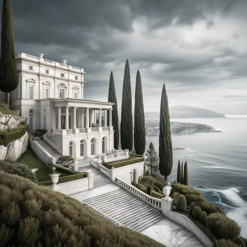 petite villa neoclassique en marbre blanc, perchée sur une falaise au-dessus de l'ocean, jardin en terrasse, cyprès, lauriers, chemin escarpé vers l'océan, ciel gris et nuageux, réaliste