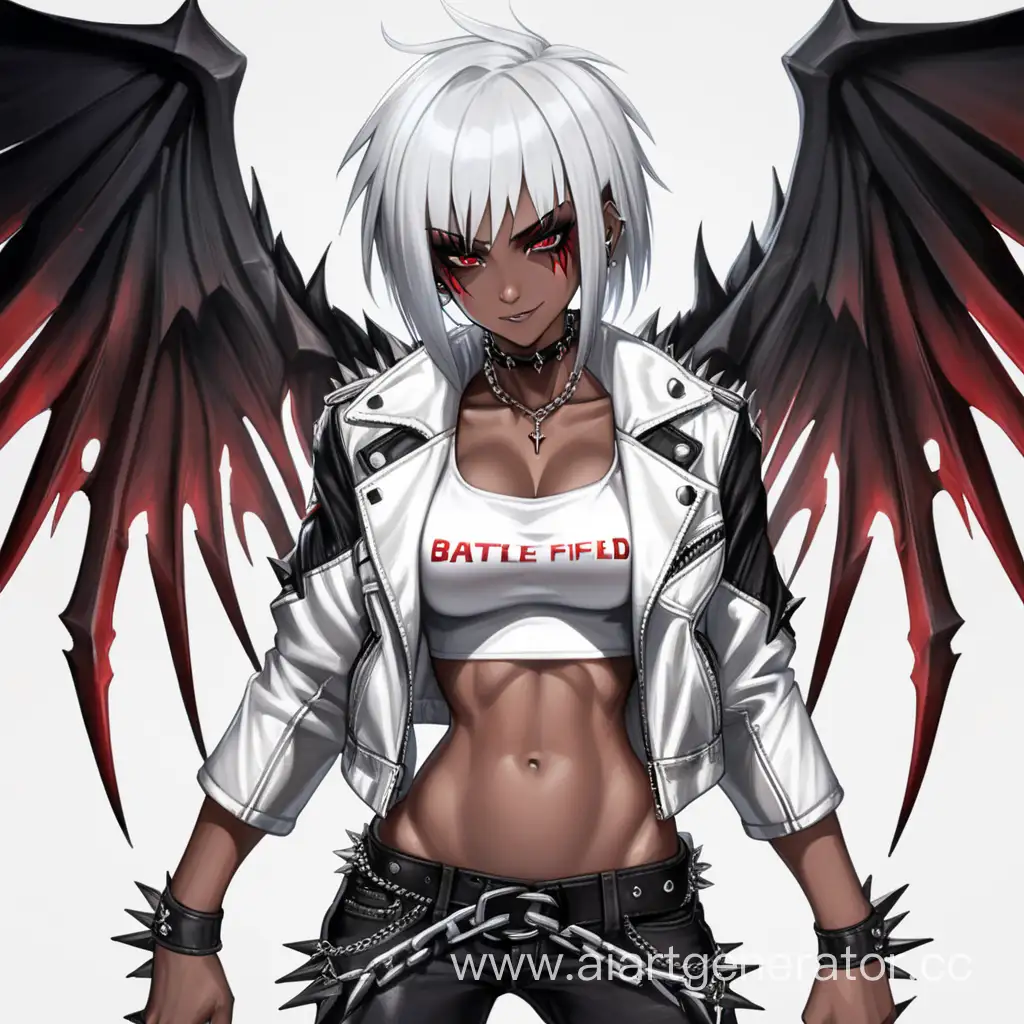 Battle Field, 1 Person, Women, Human, White hair, Short hair, Spiky Hairstyle, Dark Brown Skin, Black Metal Wings, White Jacket, White Shirt, Black Jeans, Choker, Chains, Black Lipstick, Serious Smile, Scarlet Red-eyes, Sharp Eyes, Big Breasts,  Flexing Muscles, Muscular Arms, Muscular Legs, Well-toned Body, Muscular Body, Red Smoke, 