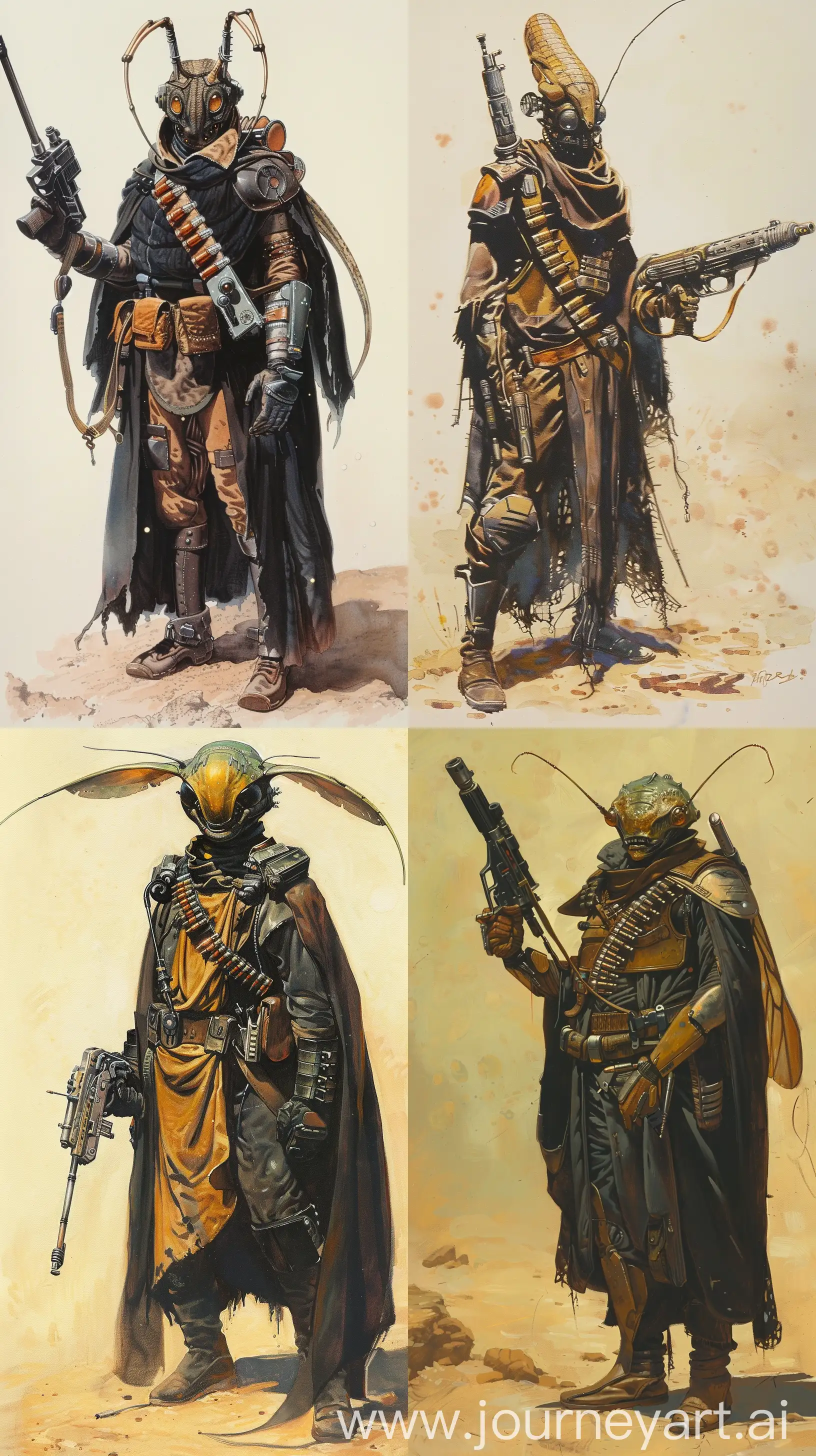 Old Concept art of an insectoid alien bounty hunter wearing bandolier, in dark robes, with some armor, holding futuristic gun painted by Ralph McQuarrie. In retro science fiction art style. In color. --ar 9:16