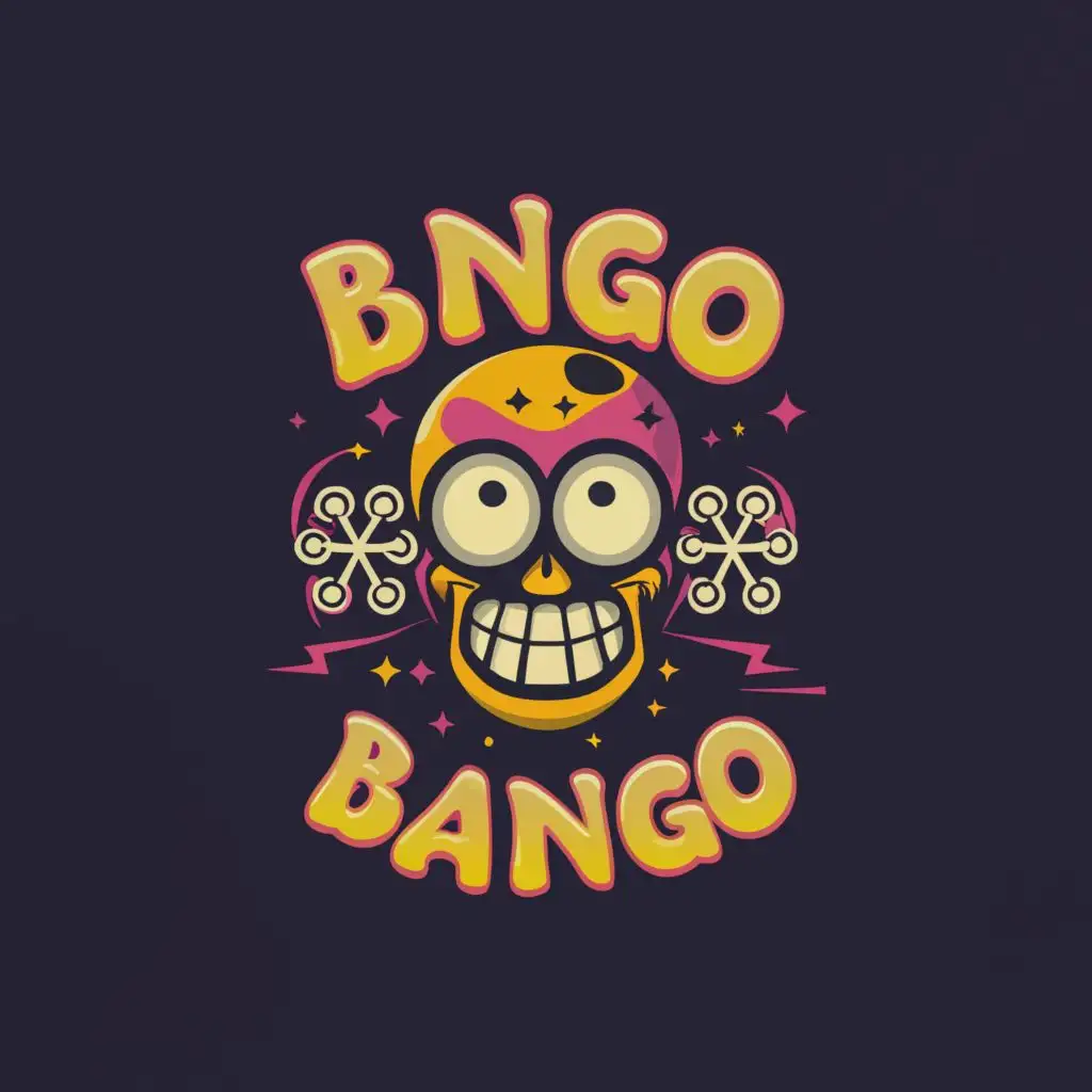 a logo design,with the text "Bingo  Bango", main symbol:skull and crossbones but with the skull replaced by a trippy smiley face,complex,be used in Entertainment industry,clear background