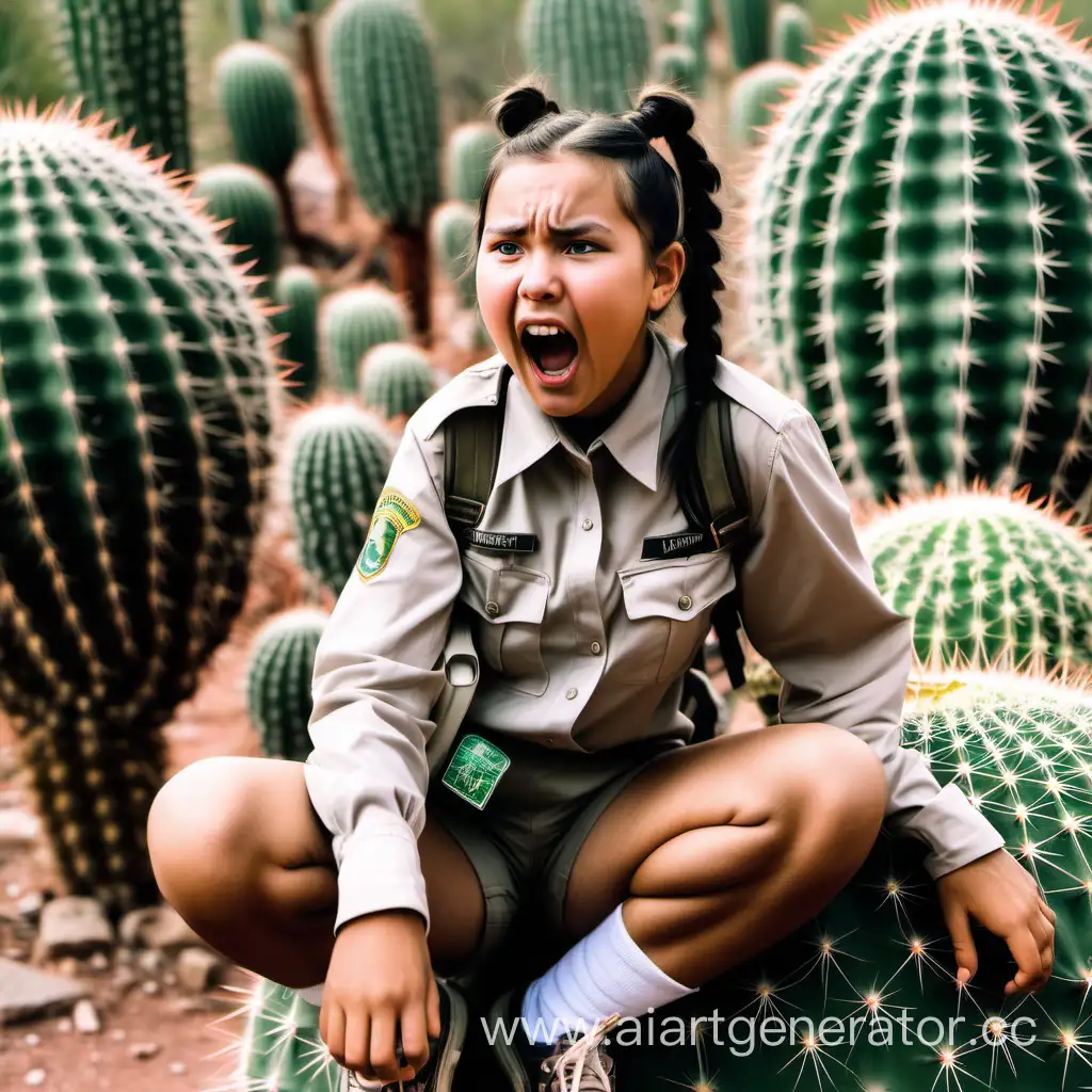 Indigenous girl park ranger in shorts and long sleeves with pigtails is sitting on a cactus, she's screaming