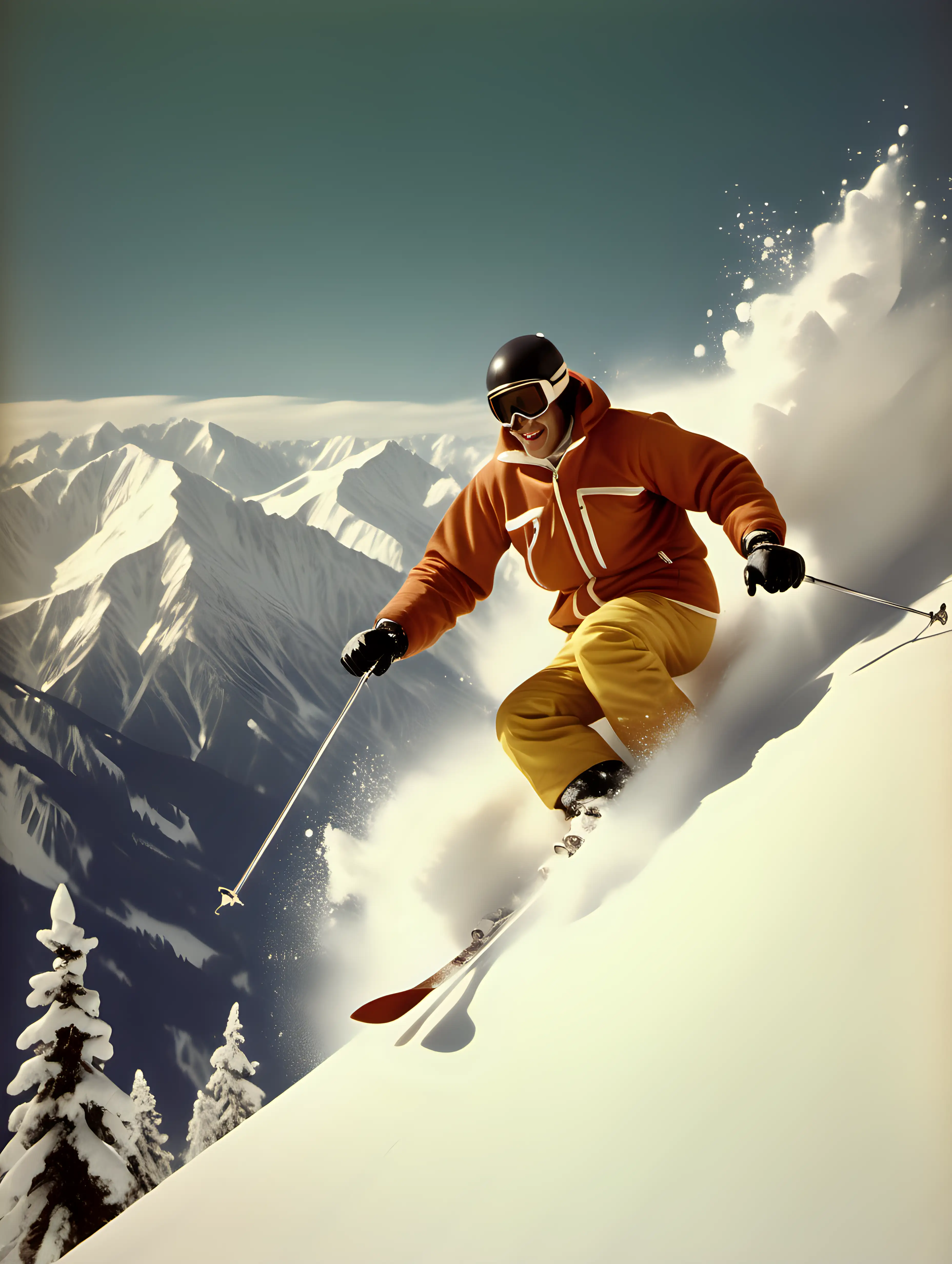 un skieur en vol dans de la neige poudreuse, les montagnes escarpées enneigées.
ambiance vintage année 70