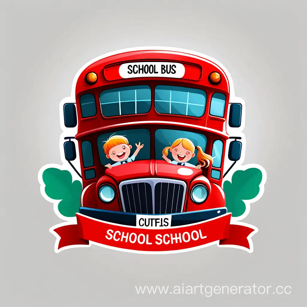 Логотип  веселый школьный красный автобус милый дети 