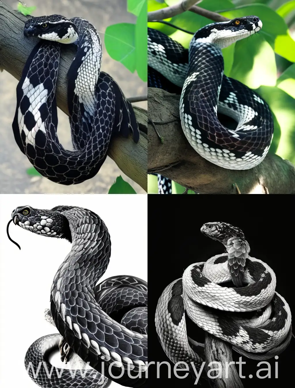 A feathered snake is resting on a branch, feathered snake has a head of a snake, a crest of feathers and a mane of feathers, it has two arms but no legs, it has long and clawed fingers on its hands, it is colored black with white markings, it has jet black scales on its body, it has a long tail which is loosely coupled around a branch, around it is a shady jungle, its eyes have lids, its eyes are cat-like in shape, its eyes are half-closed and crimson in color, its posture is relaxed, its complexion is graceful and slender, its body in long and slender, its tail ends with a feather tassel