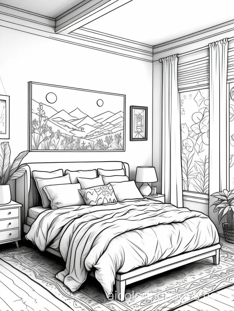 home interior design bedroom aesthetic homey comfy boho girly cute cozy, Coloring Page, black and white, line art, white background, Simplicity, Ample White Space. The background of the coloring page is plain white to make it easy for young children to color within the lines. The outlines of all the subjects are easy to distinguish, making it simple for kids to color without too much difficulty