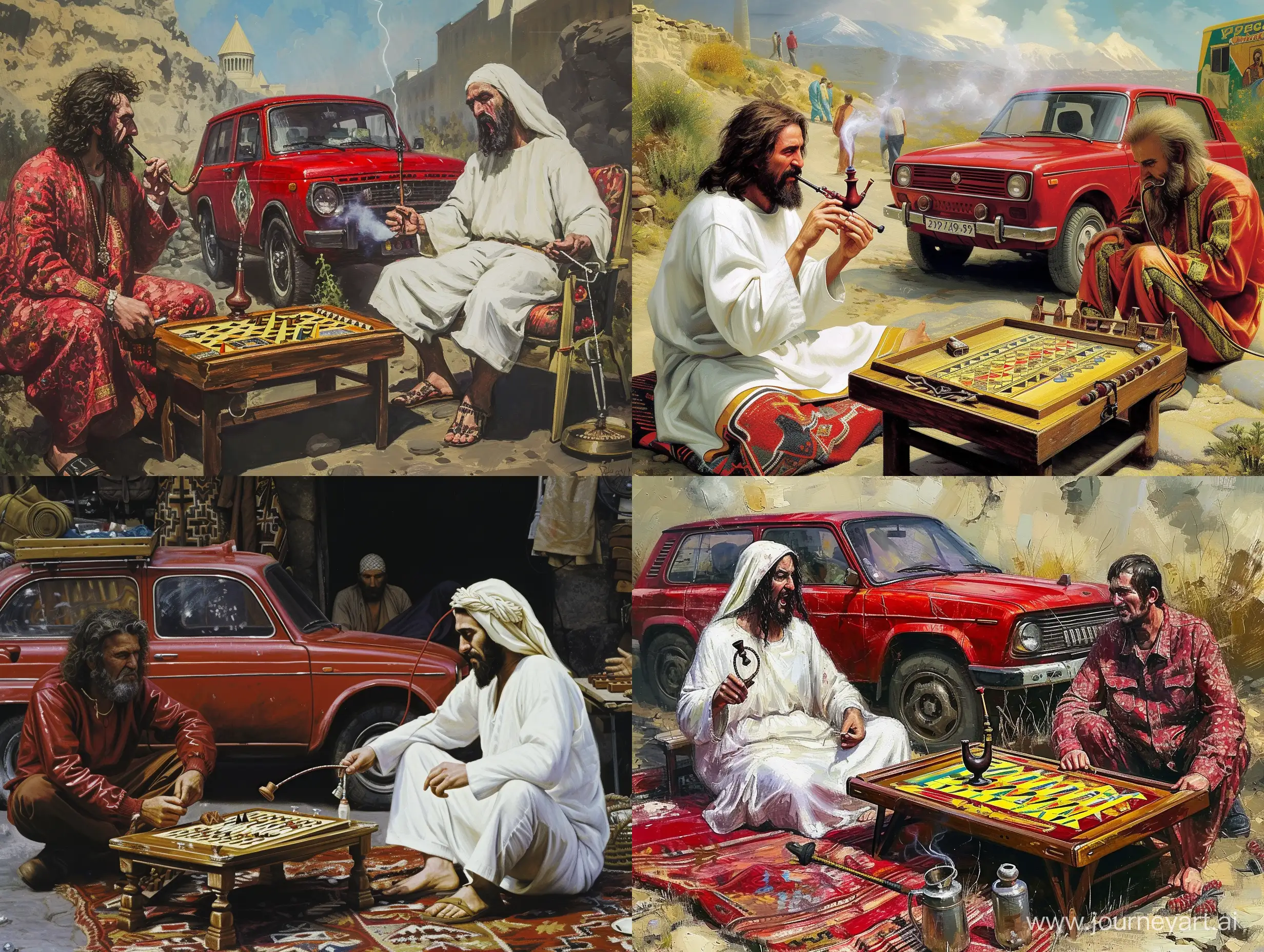 реализм, злой Иисус в Ереване играет в нарды с армянами и  курит кальян, сзади красная машина Lada 2109 