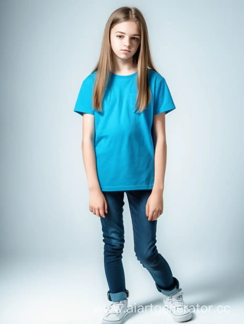 Четырнадцати летняя девочка в голубой кофточке стоит на белом полу. Все тело покажи