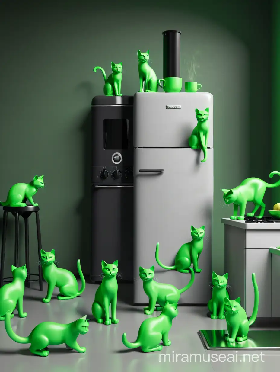 Green Cats in Monochromatic Kitchen Vibrant and Liquid Light