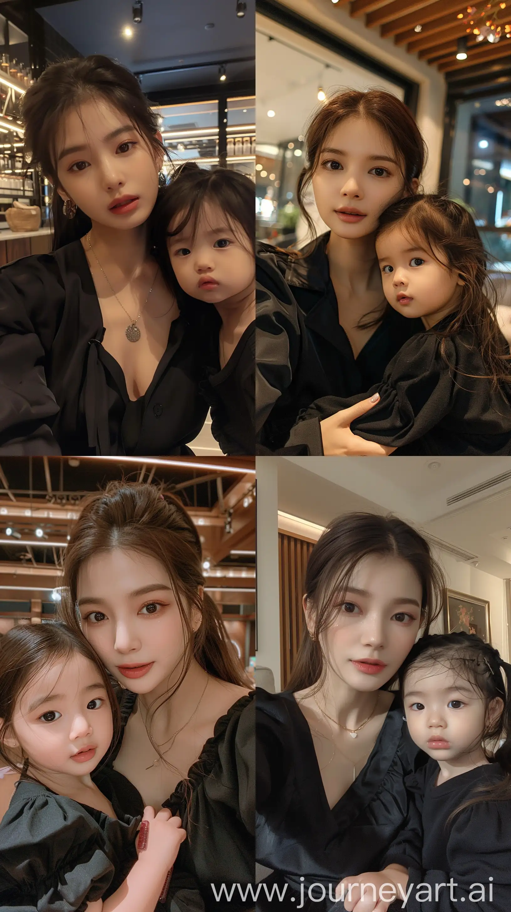 blackpink's jennie selfie with 2 years old  girl, facial feature look a like blackpink's jennie, aestethic selfie, wearing black outfit, night times, aestethic make up,hotly elegant young mom --ar 9:16 --stylize 250
