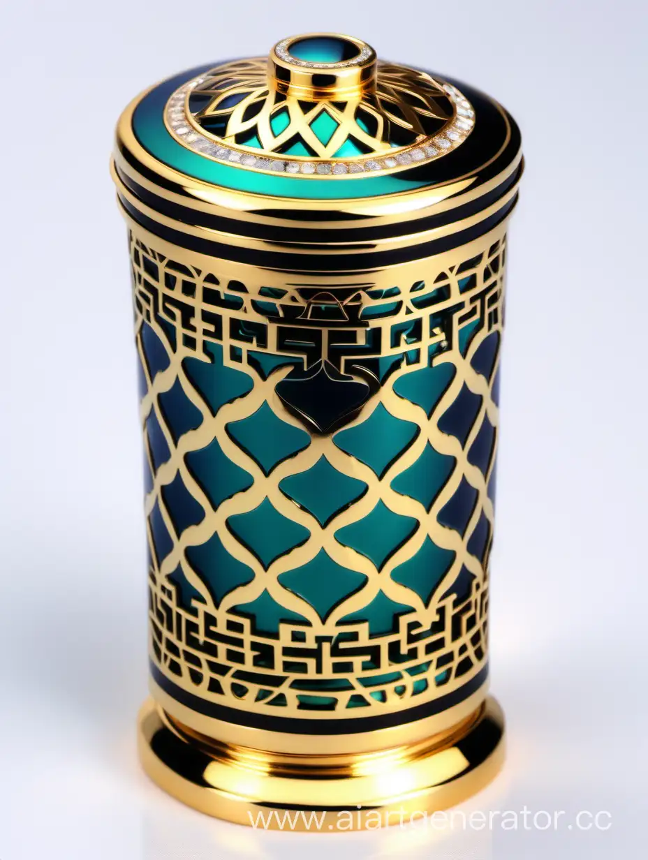 Luxury Plastic Perfume decorative ornamental long double height cap, gold color with black and dark green blue border line arabesque pattern round shaped metallizing finish with diamond on top