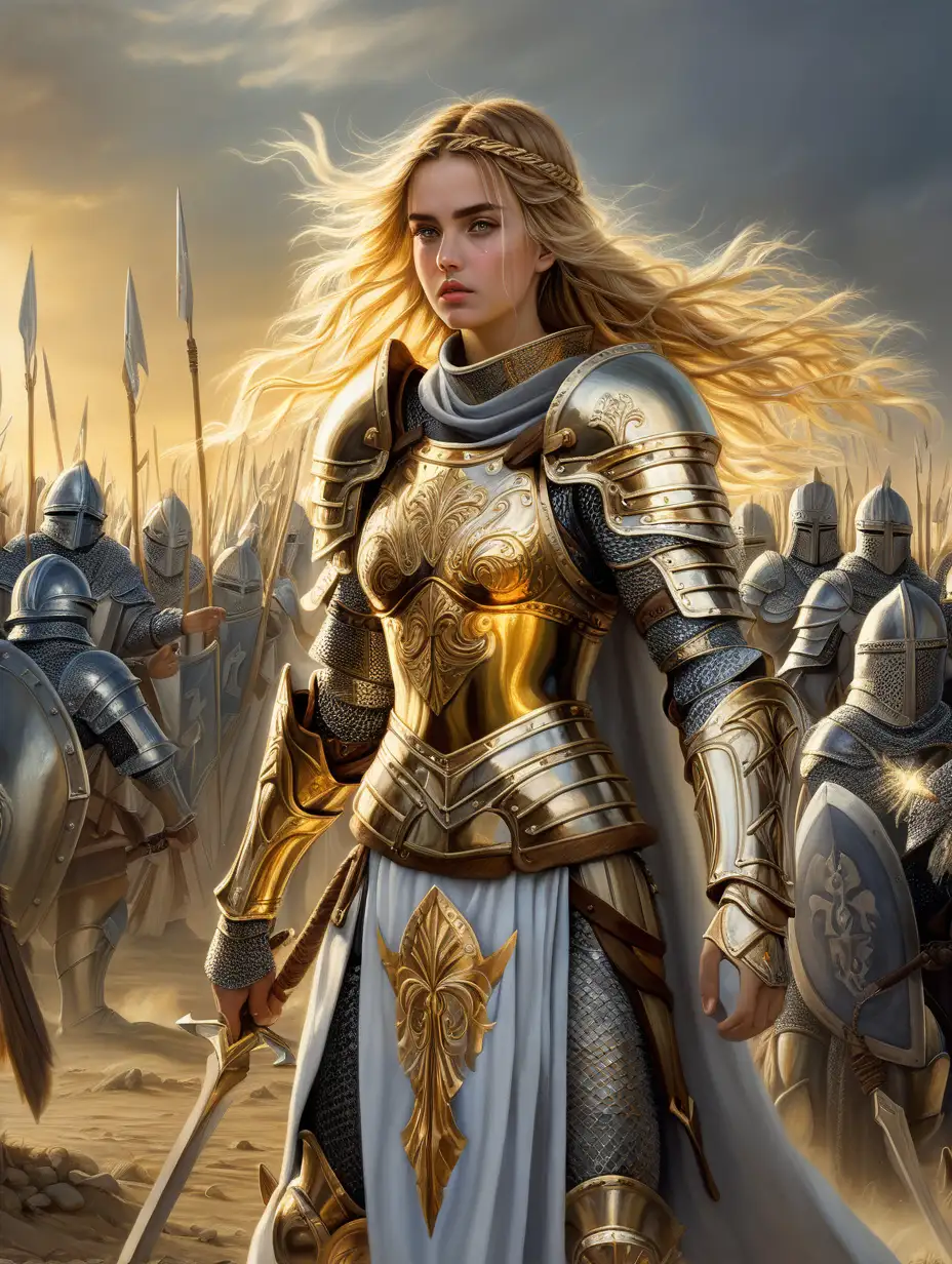 traditional painting in the style of Anna Pavleeva, depicting a warrior woman, looks like ana de armas, shining golden hair in a braid at the back with a loose fringe, glowing golden eyes, spear in right hand, silver crusader armour covered by a white and gold tabard, standing on a desolate batlefield, surrounded by dead knights, godrays shining behind