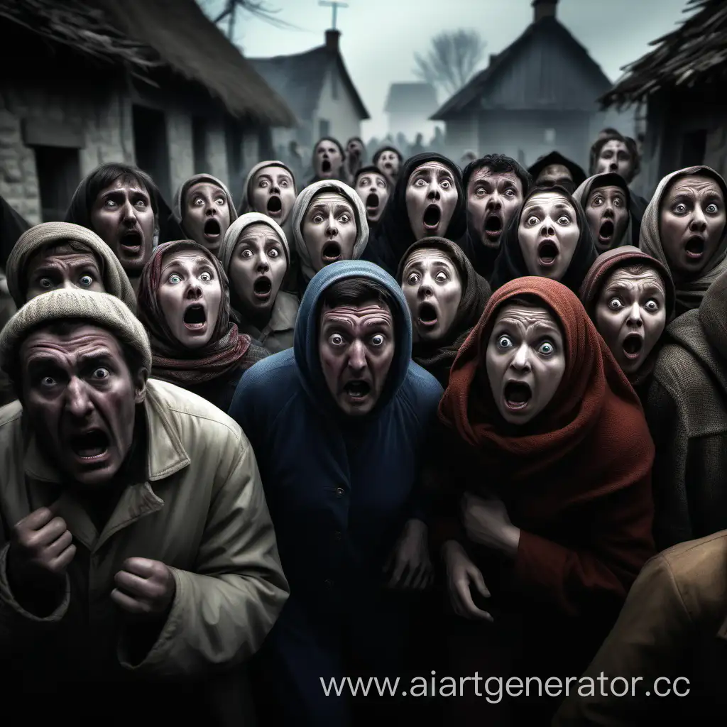 толпа напуганых людей в деревне