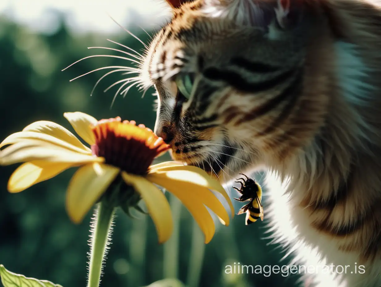 cat sniffs a flower on which a bumblebee sits, cinematic, 35mm