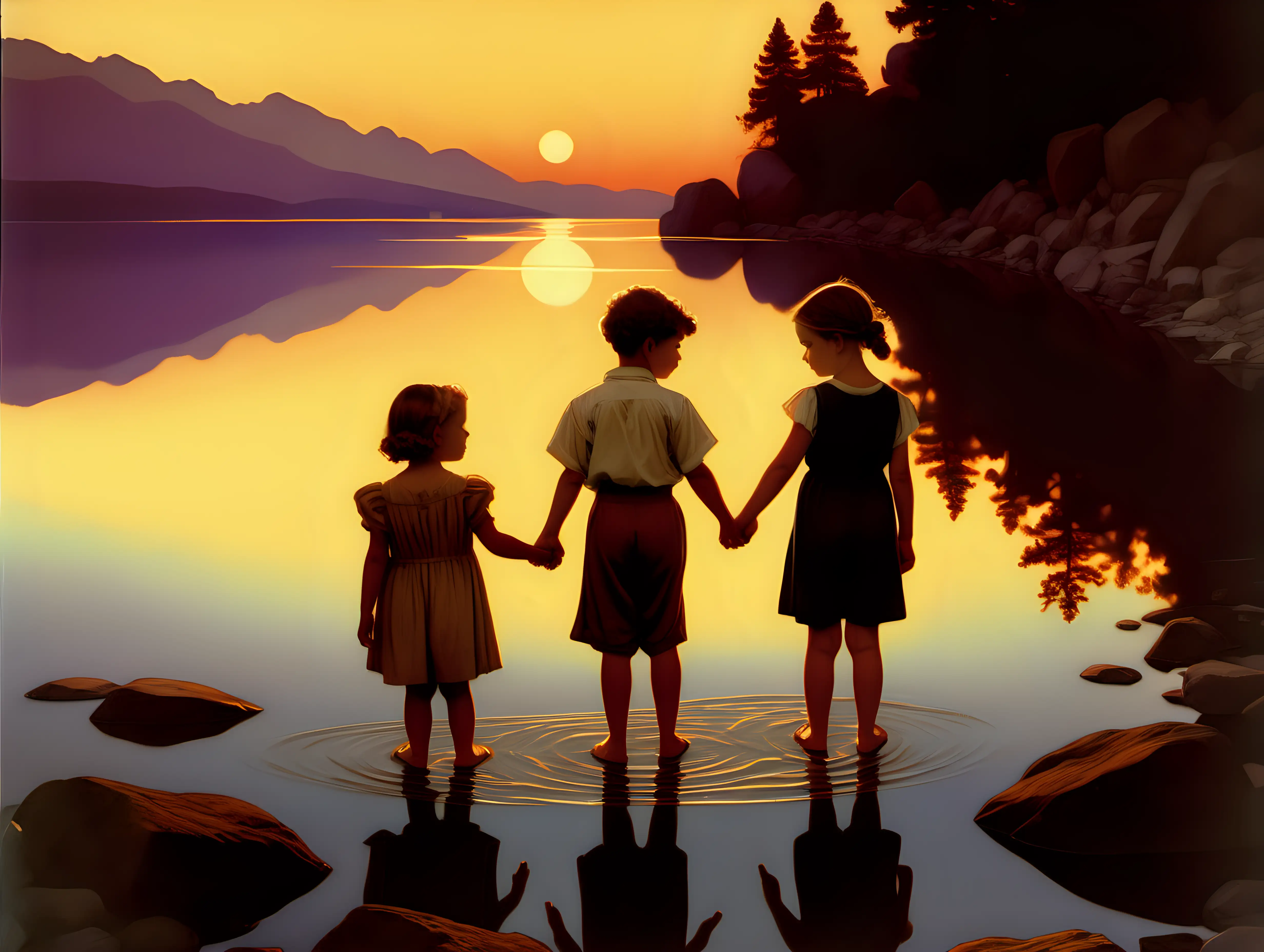 little boy and girl holding hands at water edge as sun goes down Maxfield Parrish style