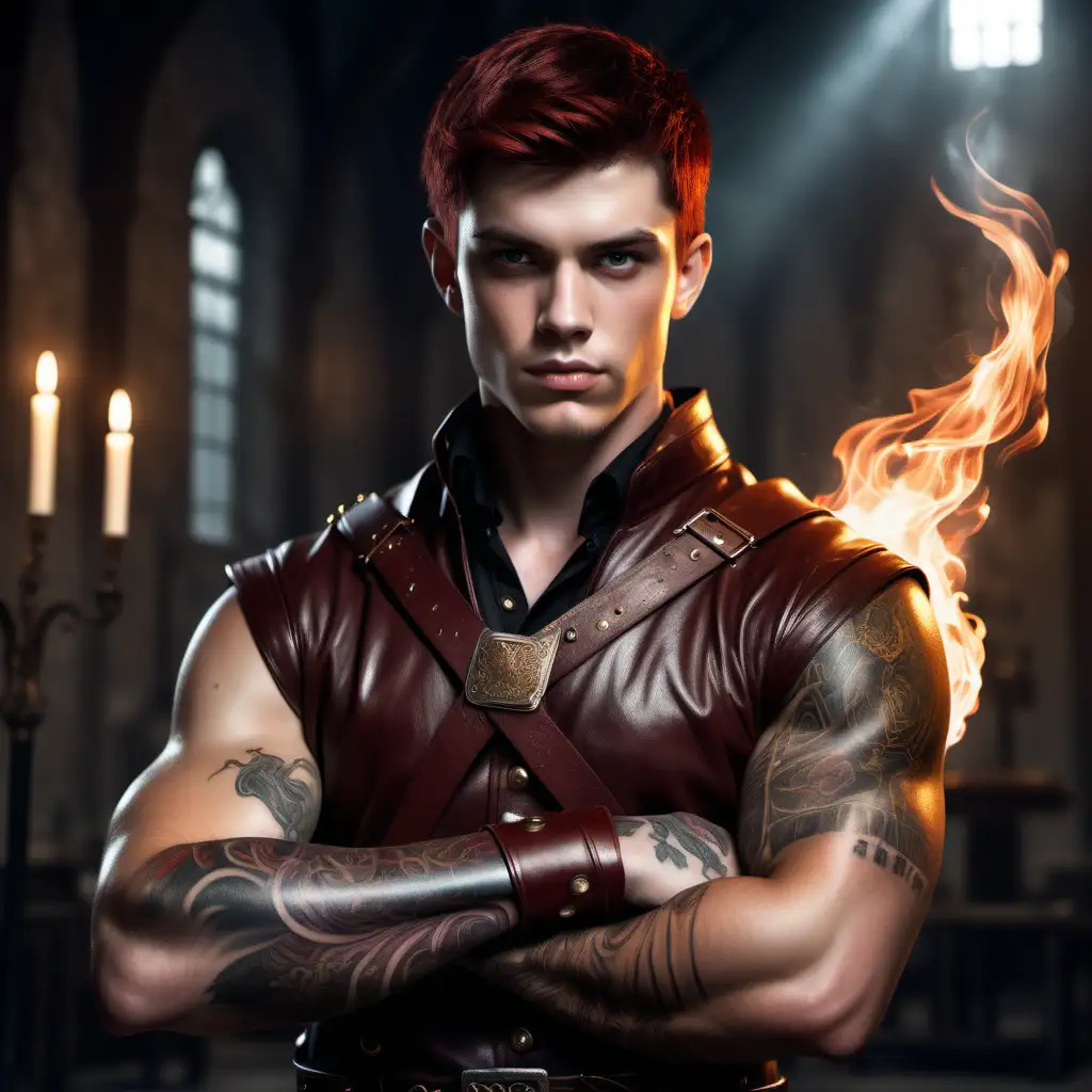 Hyperrealistic image of a good looking young man in a magic academy. He has dark eyes with golden sparkles inside and dark rust red brown hair. He wears modern leather clothes with many buckles which are his magic school uniform. He controls fire and looks powerful and strong and morally grey. He is a sword fighter and has tattoos on his arm. He looks invincible and has muscles. He is also tall and loyal.