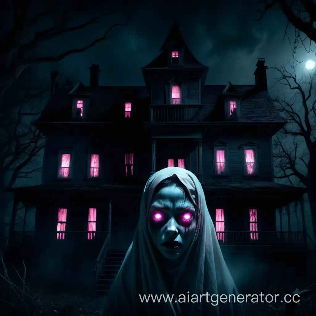 Mystical-Night-Spooky-House-with-PinkEyed-Ghost-Girl