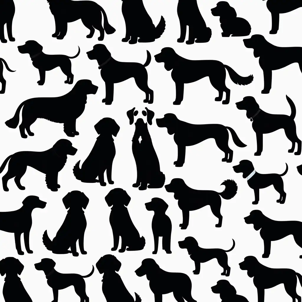 Generate a chic and playful repeatable pattern featuring the silhouettes of various dog breeds. Each silhouette should be distinct, capturing the unique characteristics of breeds such as retrievers, poodles, dachshunds, and more. Opt for a stylish and modern design with a black and white color scheme to ensure versatility across different materials. The pattern should seamlessly repeat, creating an engaging visual rhythm suitable for print on a variety of surfaces, from fabrics to accessories