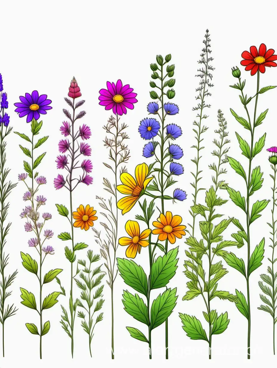 a colorful wildflowers lines art, simple, herb, Unique floral, botanical ,grow in clusters, 4K, high quality, white background, 