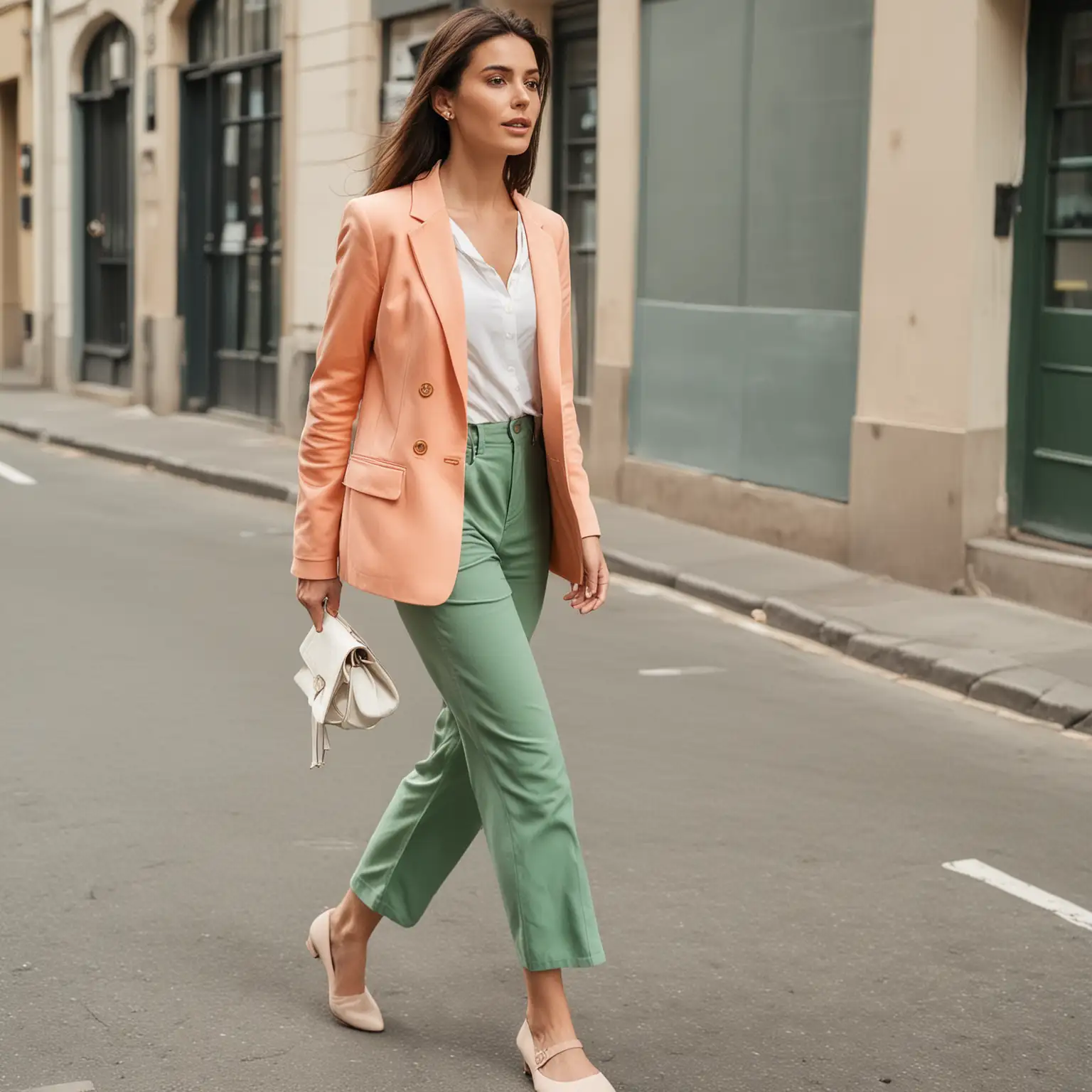 woman wearing a peach blazer. She is also wearing a green tailor pant. She is also wearing flat shoes in pastel green color. She is walking in a street. 
