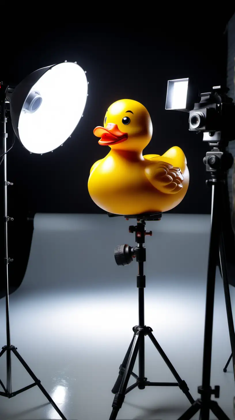 A rubber ducky in a photo studio with spotlights and cameras behind, ultra detailed