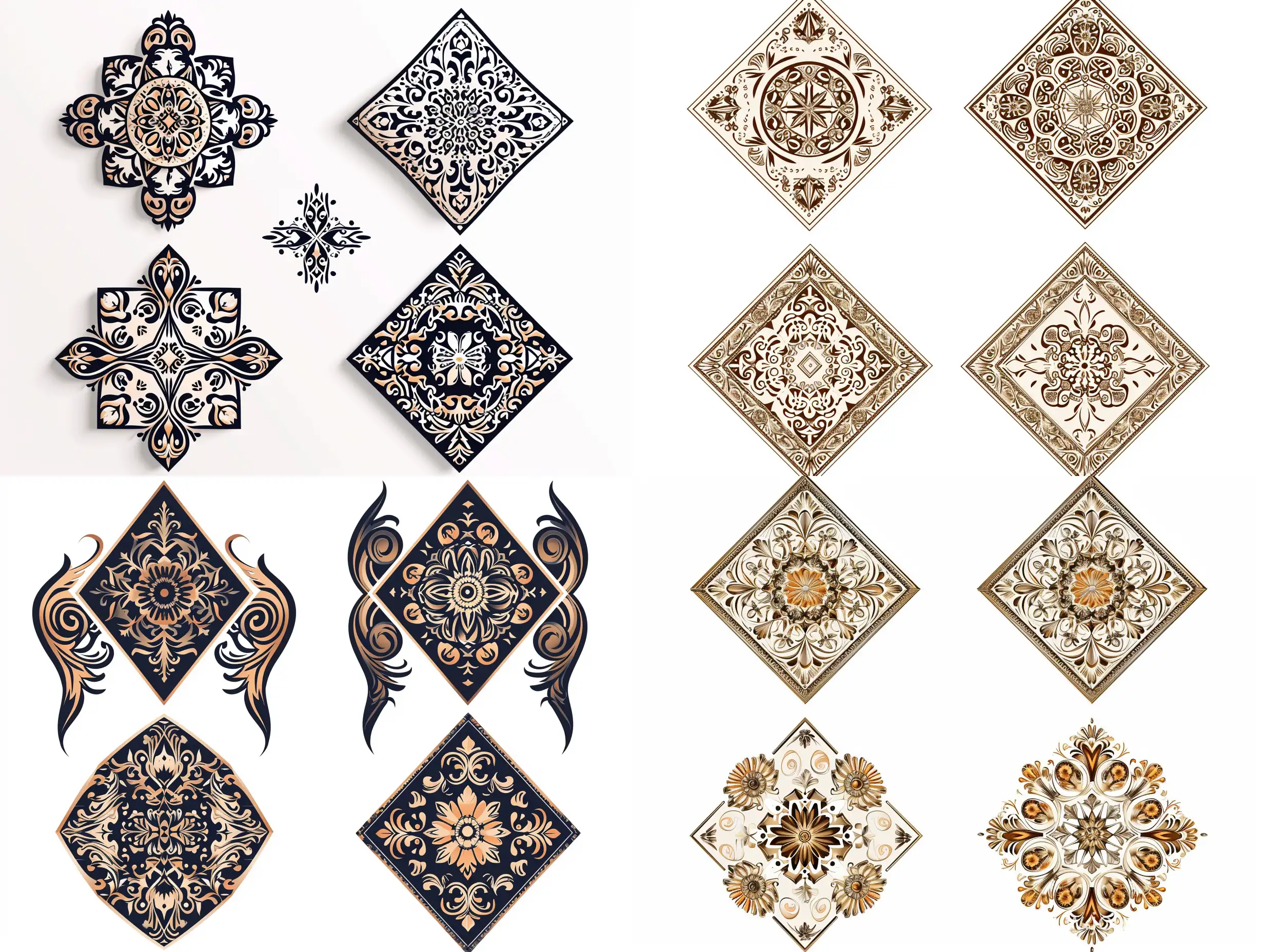 four variants of the ancient ornament, diamond-shaped pattern, many details, on a white background