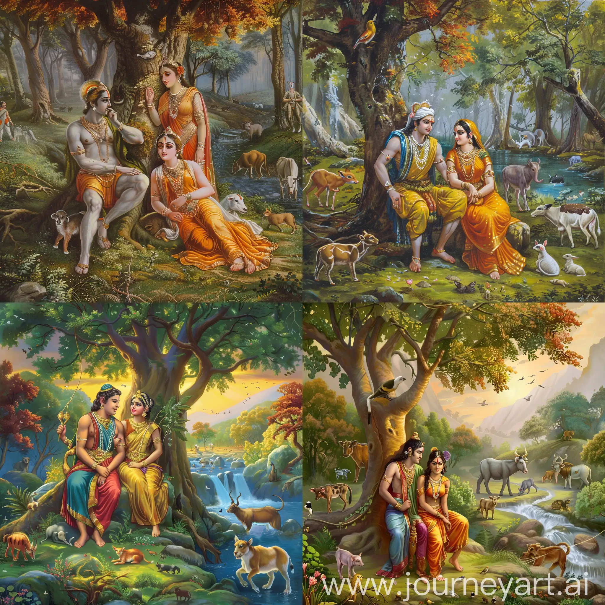 Ram and Sita seting under tree in forest beside the leck and animals roming around