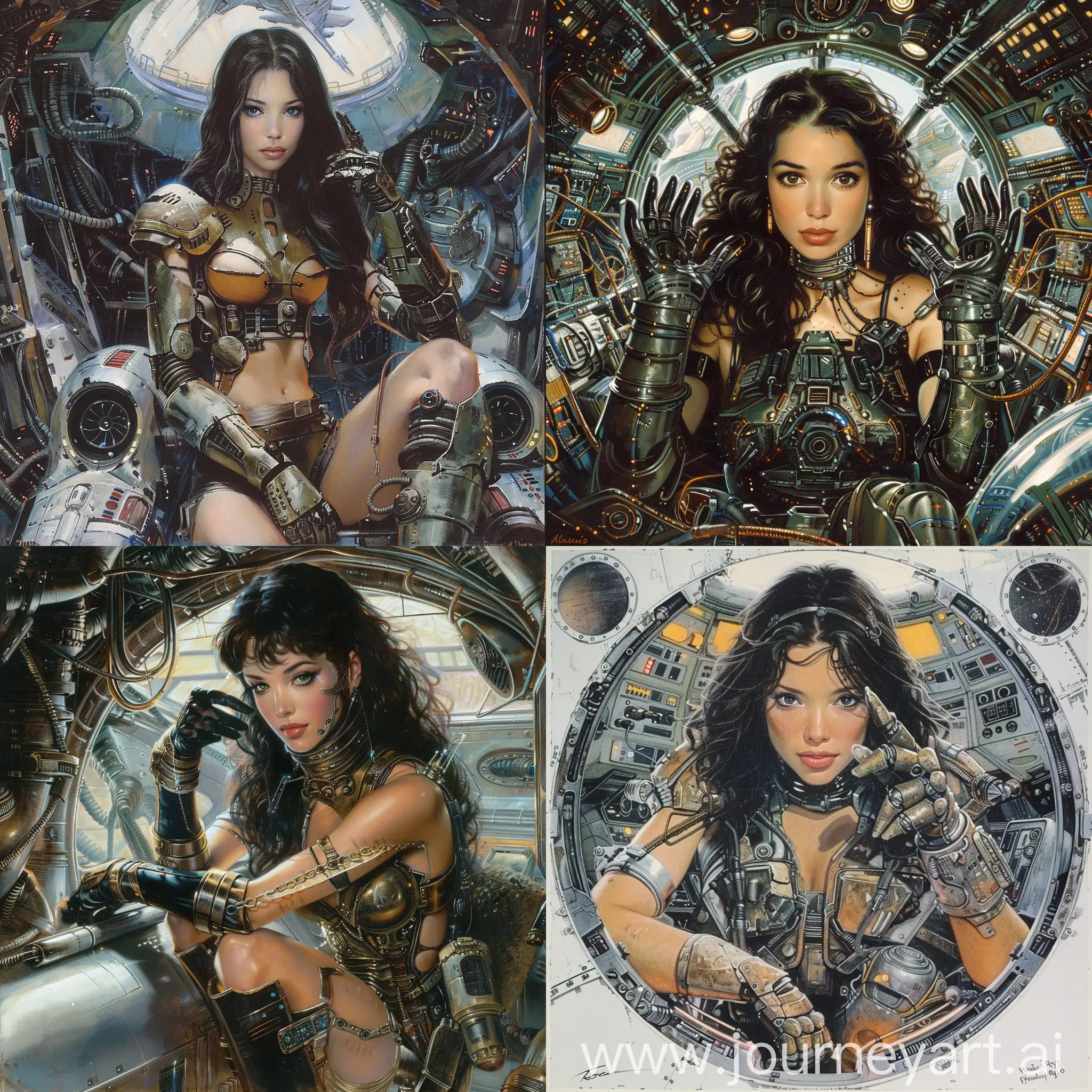 (luis royo):0.5 front View Portrait of Beautiful Buxom Dark Haired cyberMaid Wearing Gloves with armor and boots, Spaceship Interior cybermechanism and droids, Matte Painting, Mysterious, multicolor, ultradetailing, art of fantasy artists Boris Vallejo, Carne Griffiths, Wadim Kashin, and Frazetta
