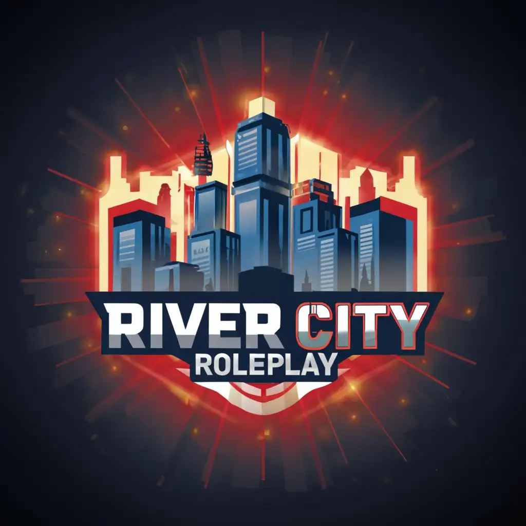 a logo design,with the text "River City Roleplay", main symbol:Red a blue lights flashing of Skyscrapers while the police are in an intense battle with criminals,complex,clear background