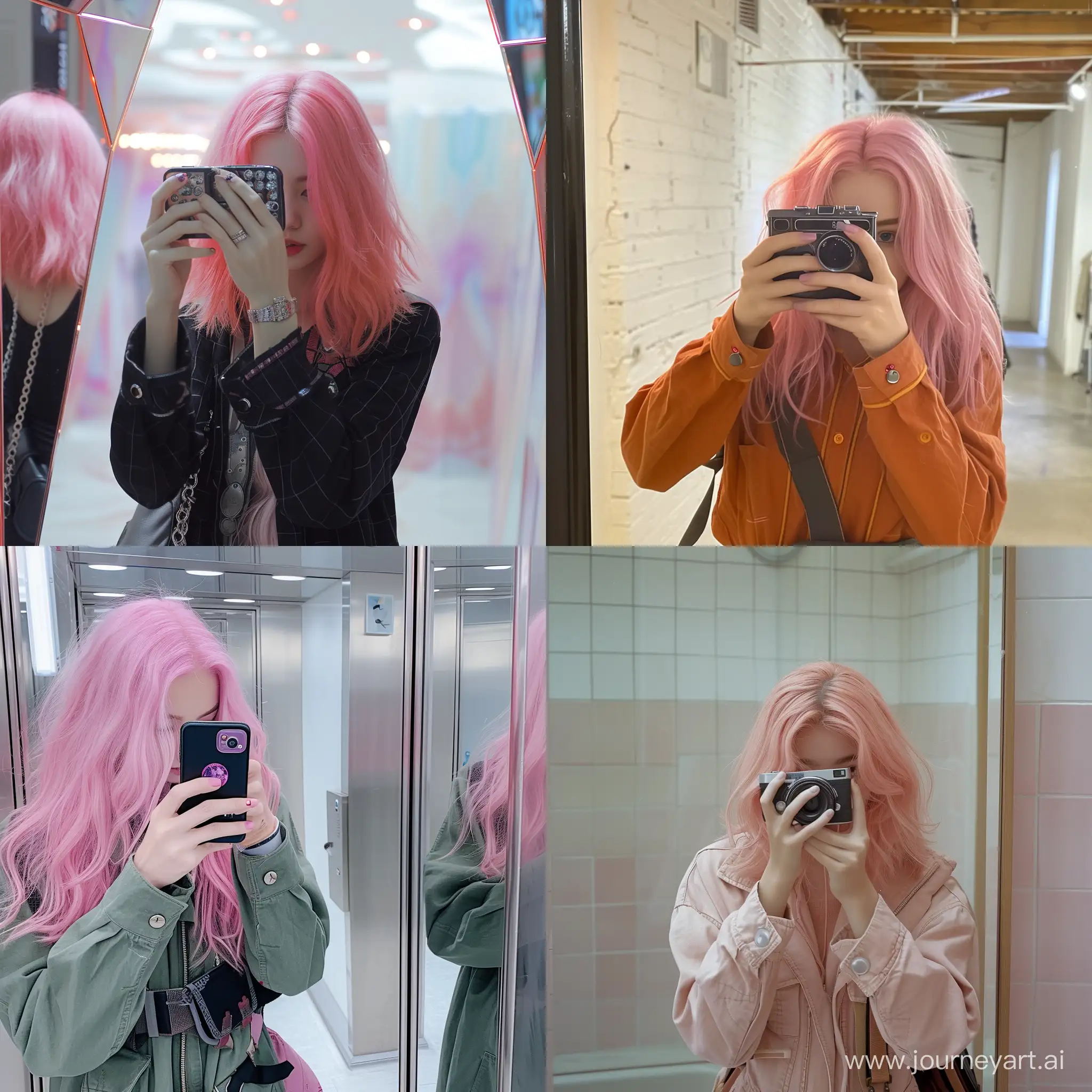 a girl with pink hair taking a picture of her in the mirror