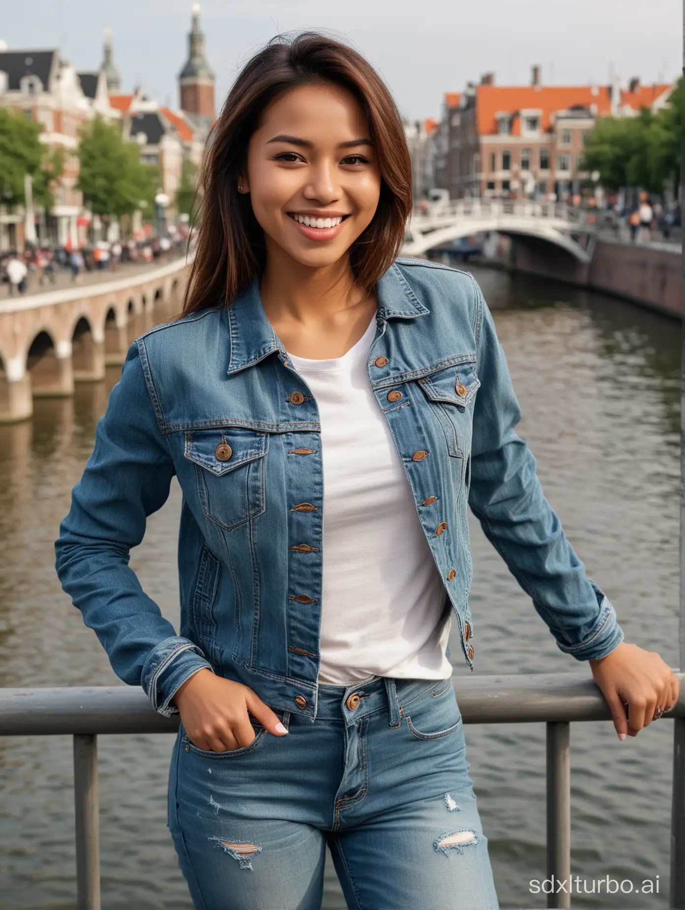 (masterpiece)), ((best quality, realistic photo)), ((perfect hands, perfect face, beautiful face smile)), an Indonesian woman, sexy, wearing casual clothes with a jeans jacket, wearing sneakers, standing pose, Prince Canal Bridge Amsterdam background, long shot,