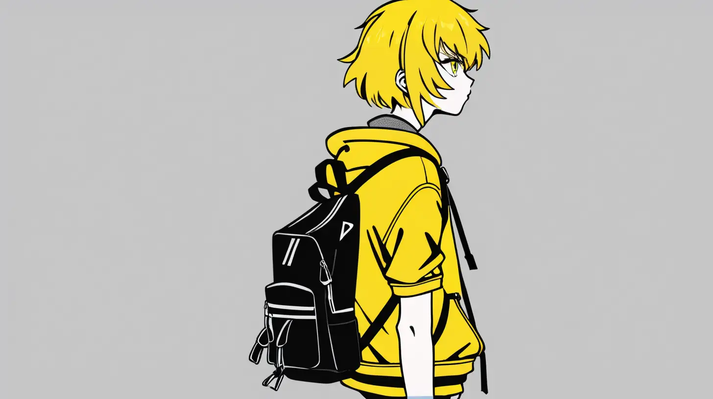 ryuko matoi short yellow hair with black highlights yellow jacket short yellow shorts black boots posterized halftone yellow black white 3 color minimal design with backpack over the shoulder shot