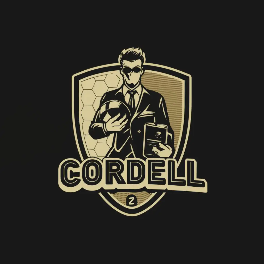 LOGO-Design-For-Cordell-Mysterious-Man-in-Black-Suit-with-Soccer-Ball-and-Briefcase