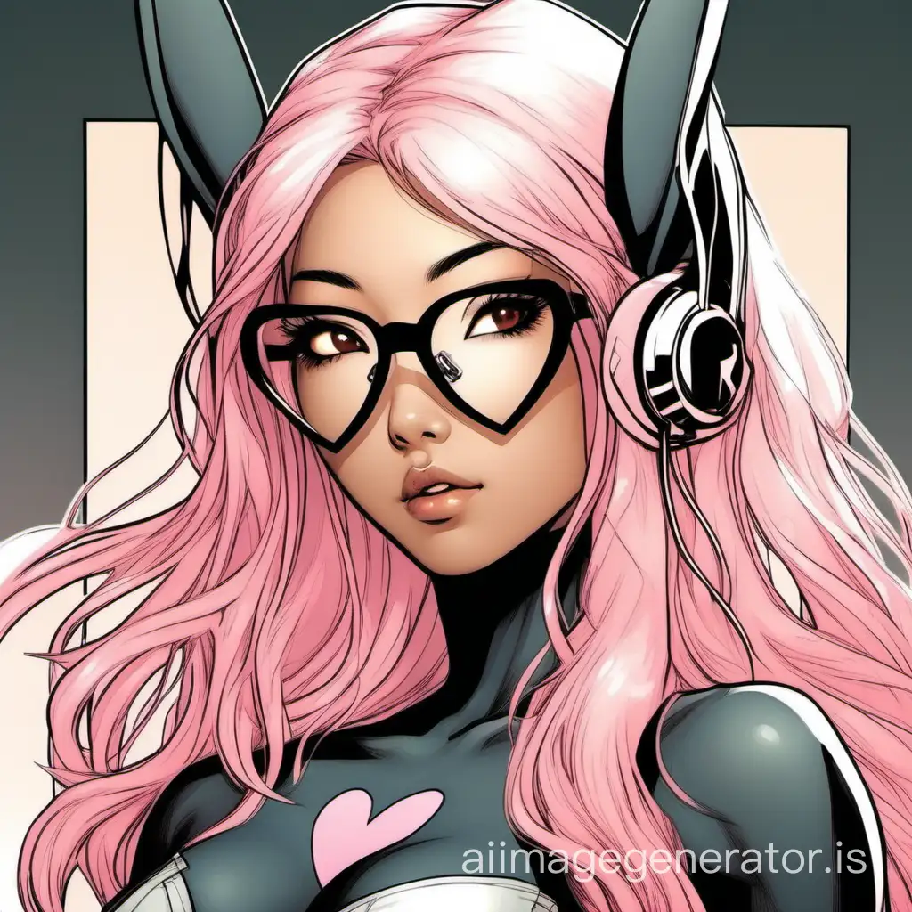 marvel comic panel, woman, long pastel pink hair, dark brown eyes glowing, glasses, grey bunny ears, light tan skin, 22 year old, beautiful asian, sultry heart-eyes, blushing, hourglass curvy body, wink