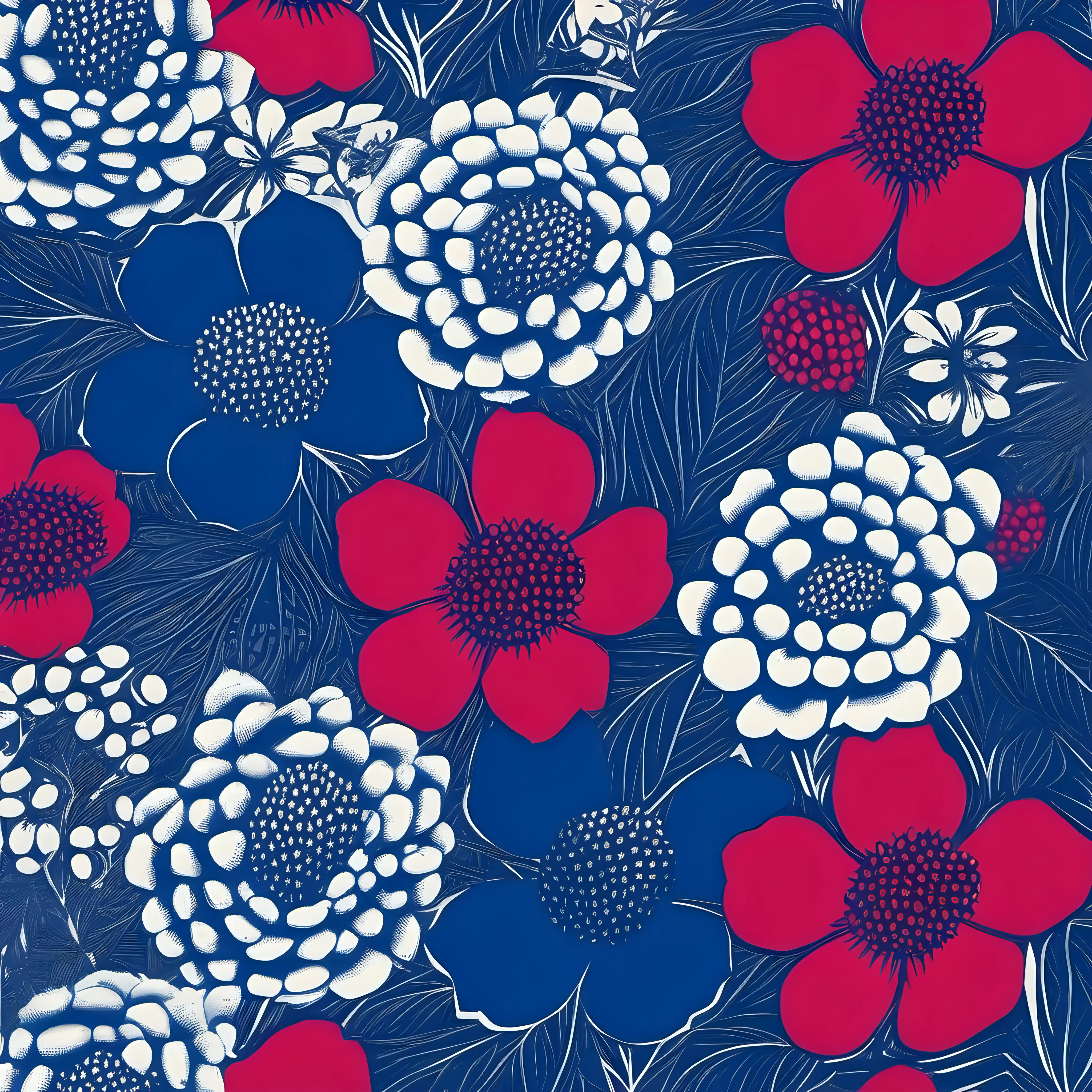 Botanic Elegance HandPrinted Raspberry and Blueberry Flowers in Andy Warhol Inspired Red and Blue