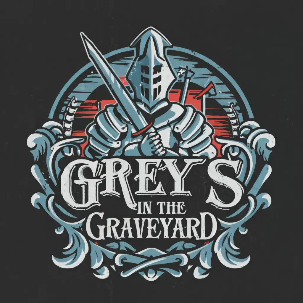 a logo design,with the text 'greys in the GRAVEYARD', main symbol: a knight in a graveyard ,complex,clear background
