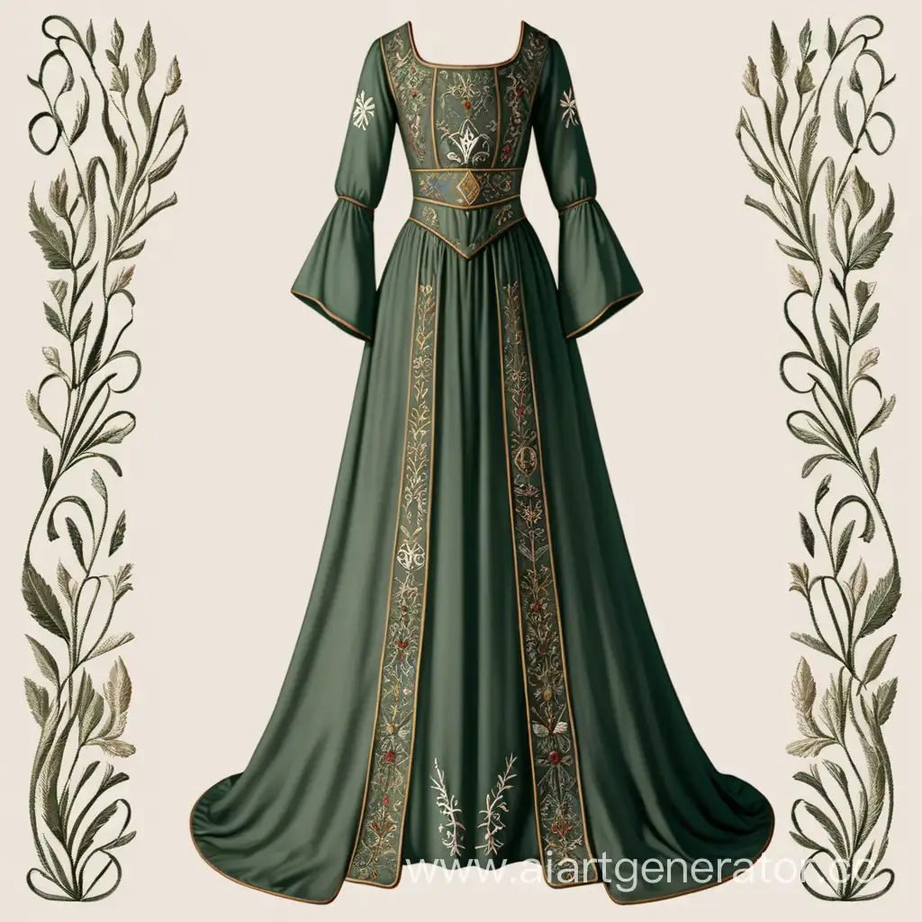 a medieval long, embroidered dress with a simple but elegant cut.