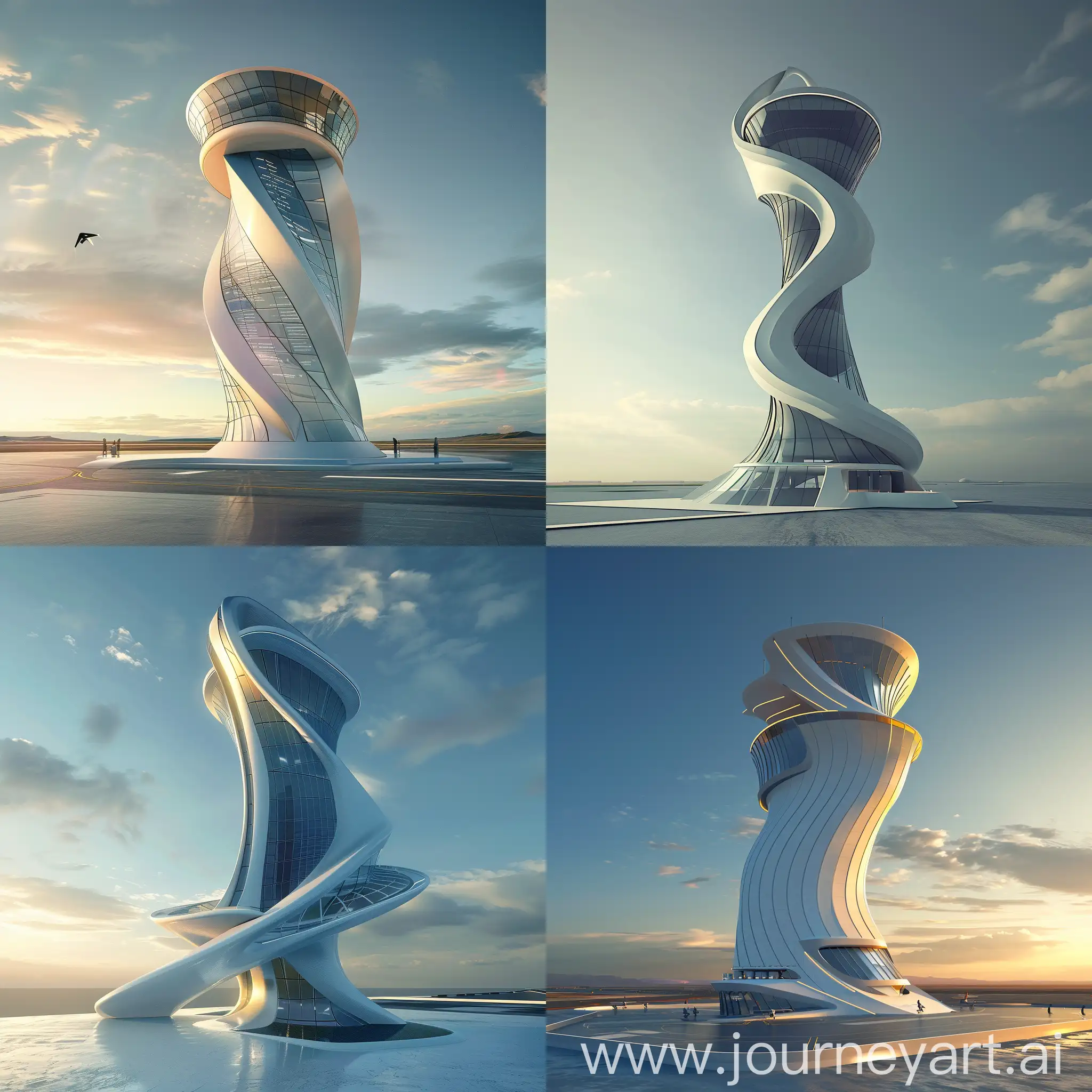 Imagine a futuristic air traffic control tower rising its curves and angles inspired by sea waves