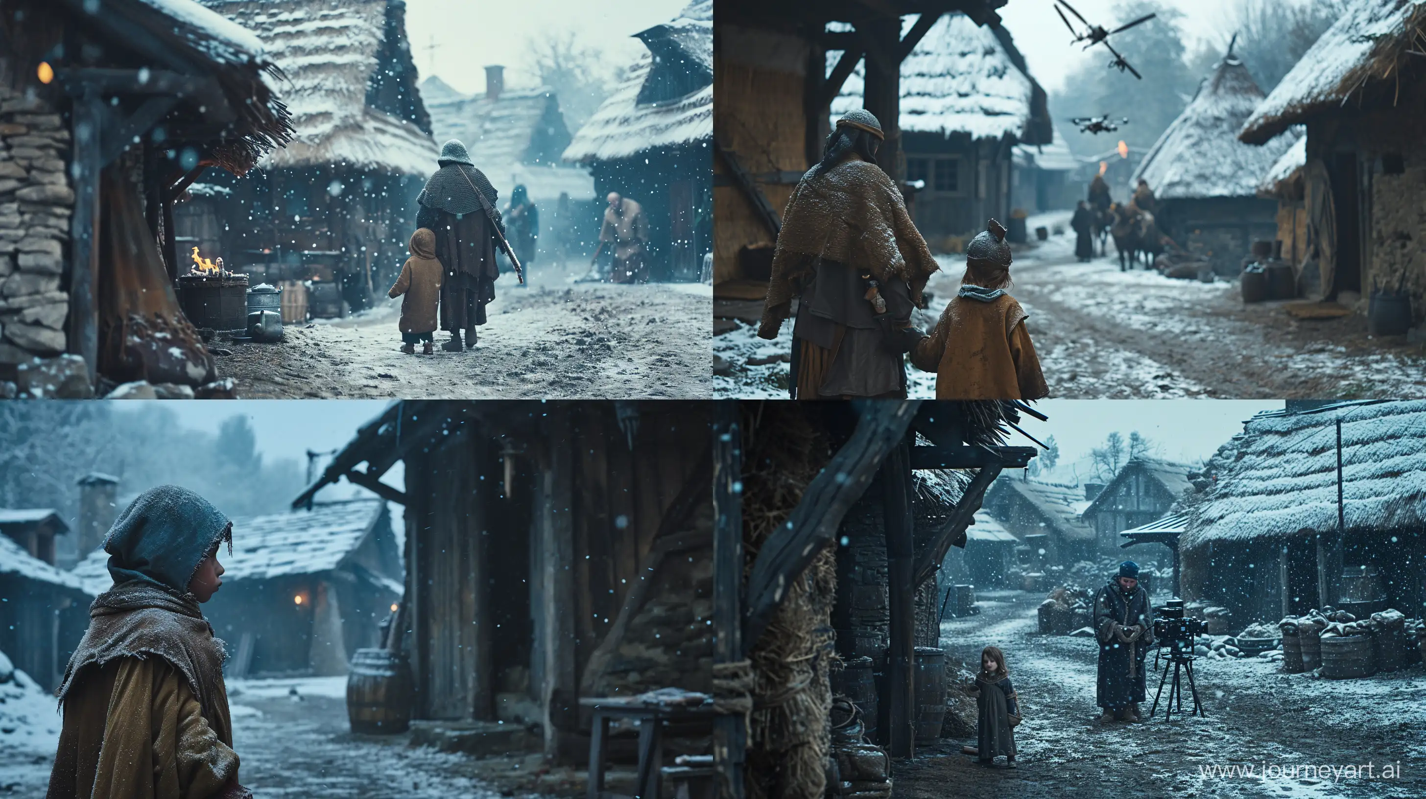 cinematic scene, 
jared leto child, farmer clothes medieval, in a medieval village snowing,  DRONE SHOT, ALEXA 65, BL camera, ARRI Signature Prime Lenses, 70mm --ar 16:9 --style raw --v 6