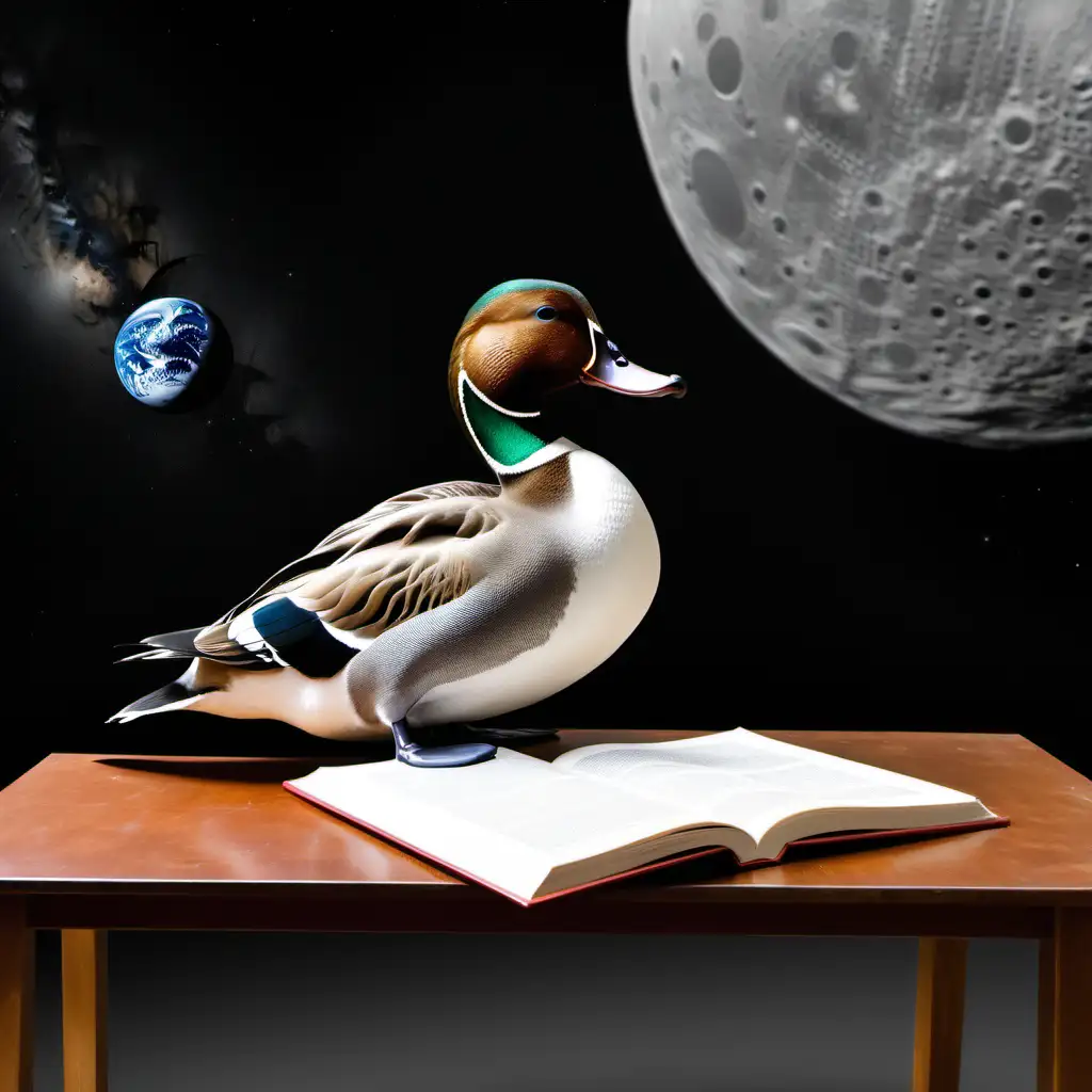 A Northern Pintail Duck  sitting on a table reading a book. There are is wall with an astronaut on.  no keywords take duck off the wall 
