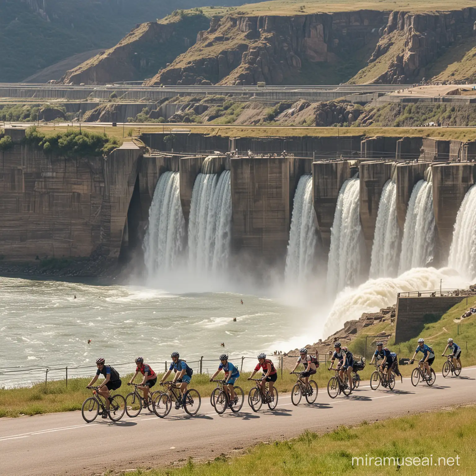 Mountain Bikers Enjoying Scenic Dam View with Fellow Cyclists